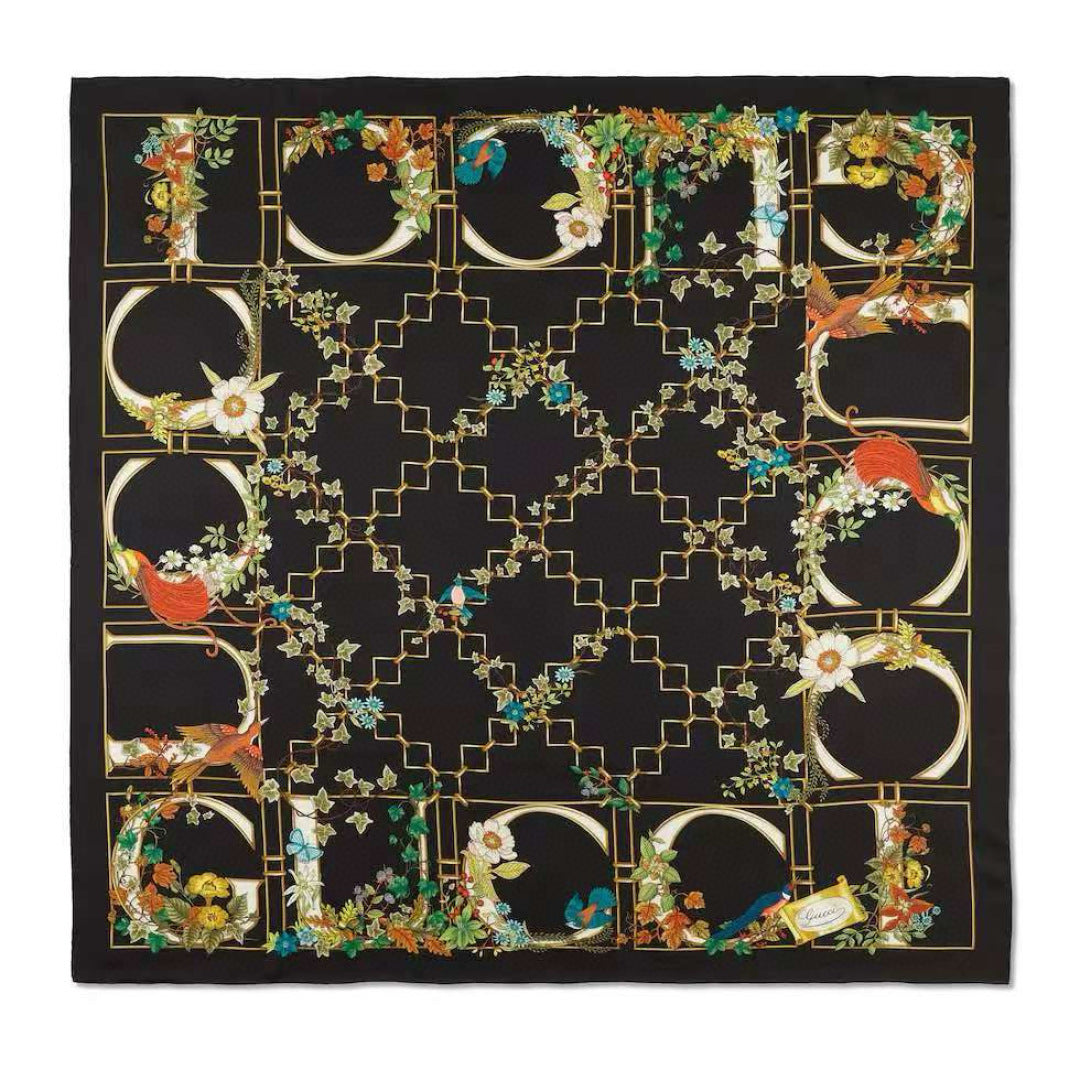 GG Signature Floral Scarf 90CM Black Muticolor Twill Mulberry Silk 280660