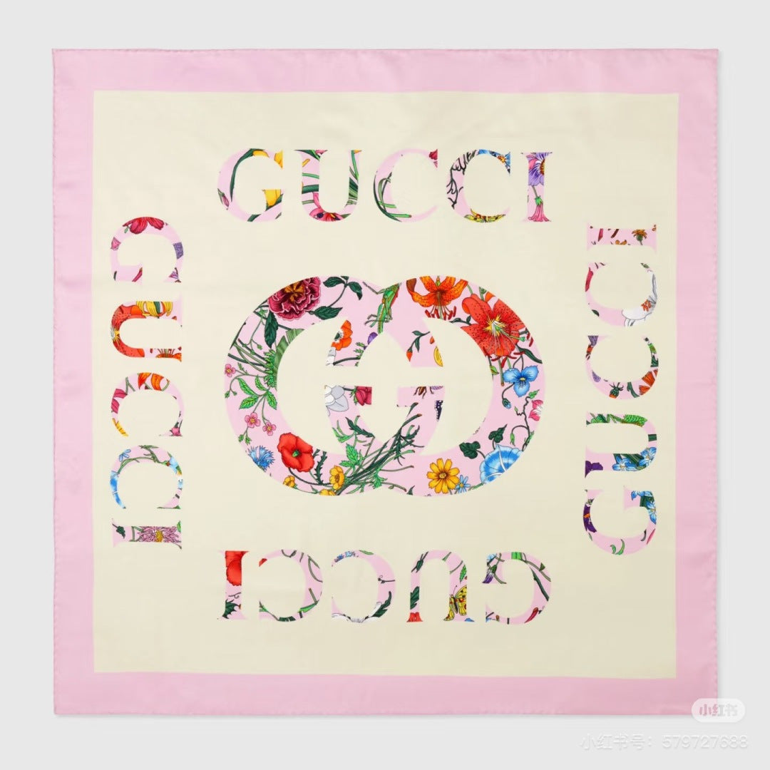 GG Signature Floral Scarf 90CM  White Pink  Twill Silk 280696