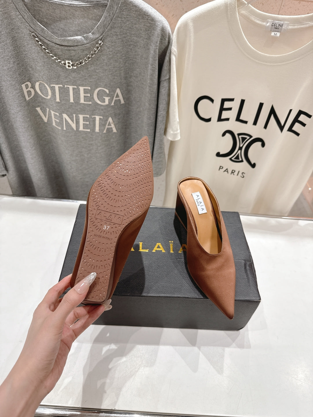 Alaia 25 Cube Wedge Mules Brown Silk Sheepskin 300083