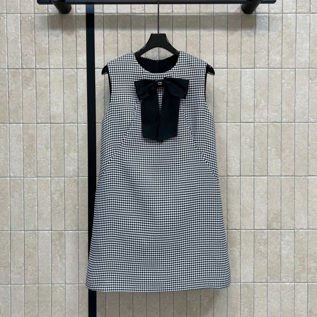 Dior 2026 Houndstooth Bow Vest Dress Black White Polyester