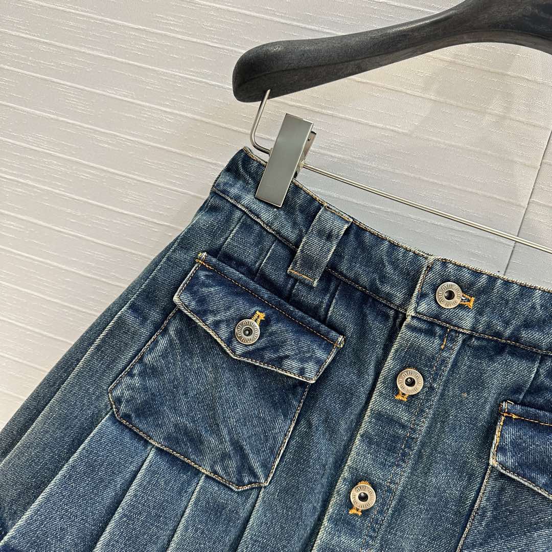 Miu Miu Denim Pleated Short Skirt Blue Cotton