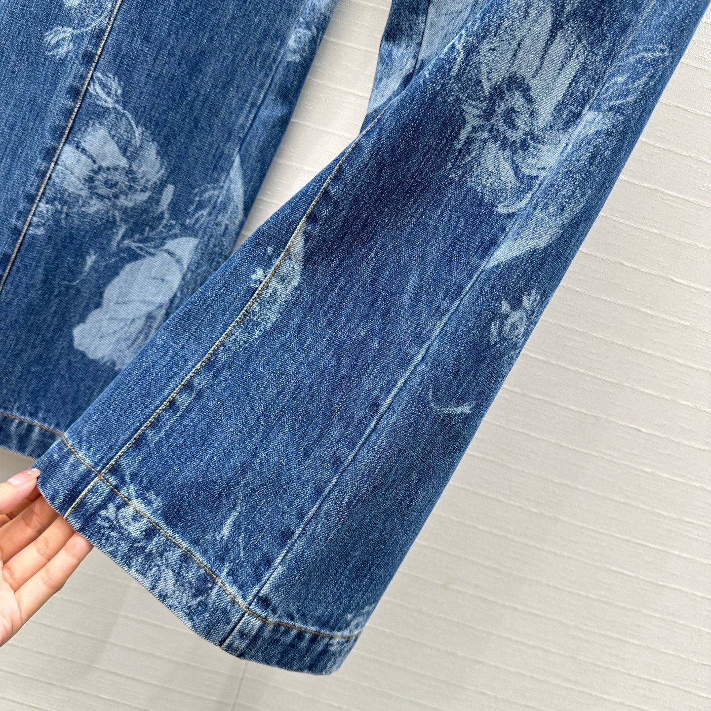 Fendi Flower Denim Straight Pants Blue Cotton