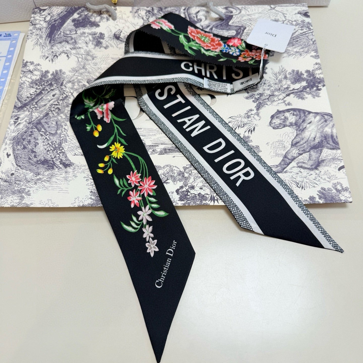 CD Twilly Mini Scarf 100cm Black Colorful Mulberry Silk 958859