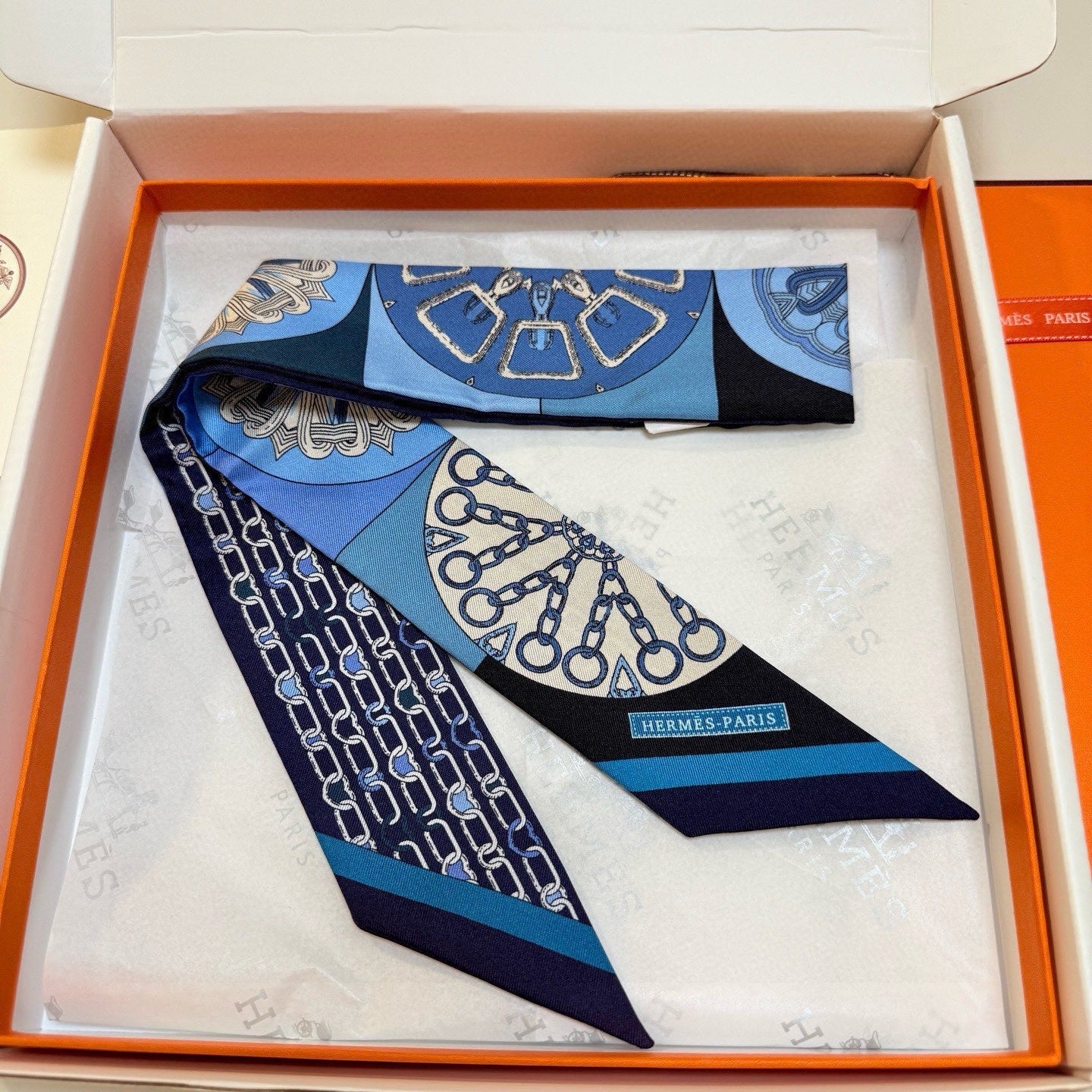 HM Twilly Mini Scarf 86CM Blue Black Mulberry Silk 967454