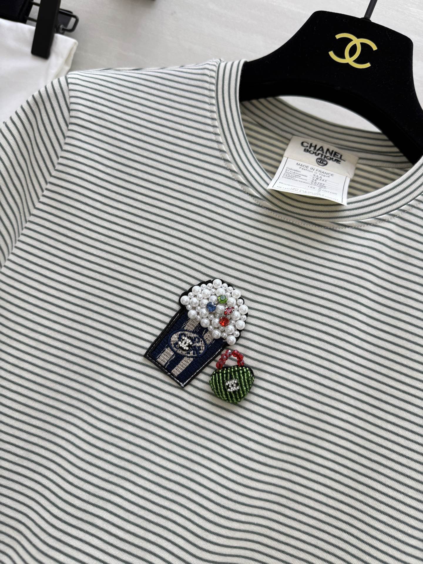 CC Beaded T-shirt Gray White Cotton