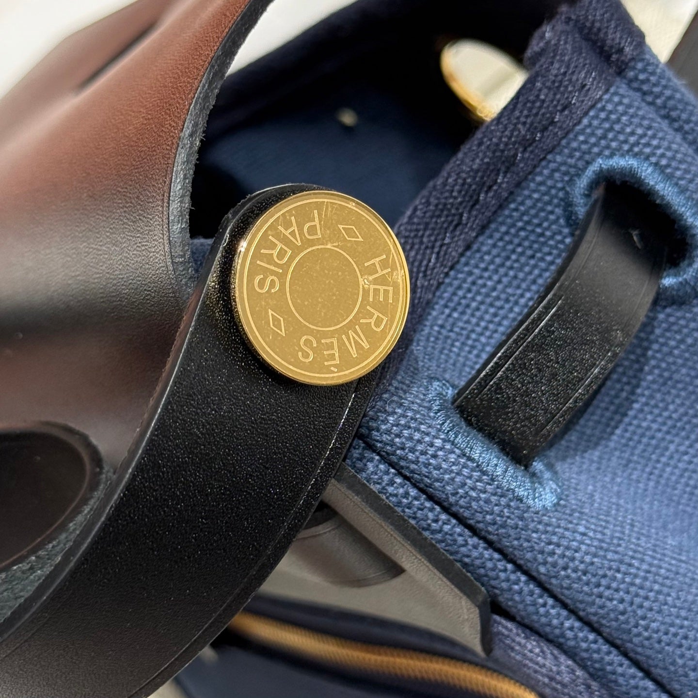 HM Mini Herbag Gold Buckle 20 Navy Blue Canvas and Hunter Cowhide 243255