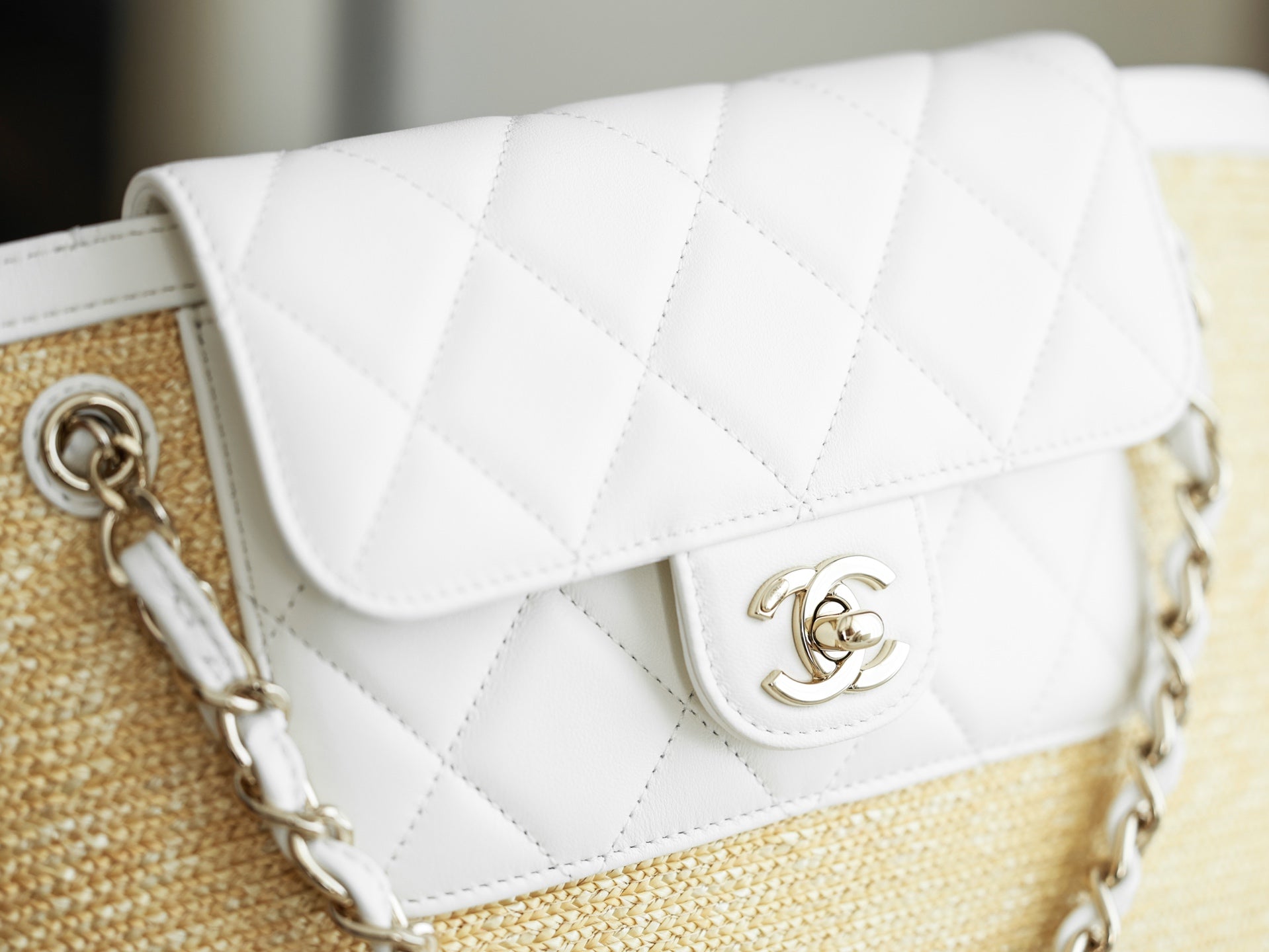 Chanel 2026 Shopping Bag 53cm Beige White Straw Lambskin