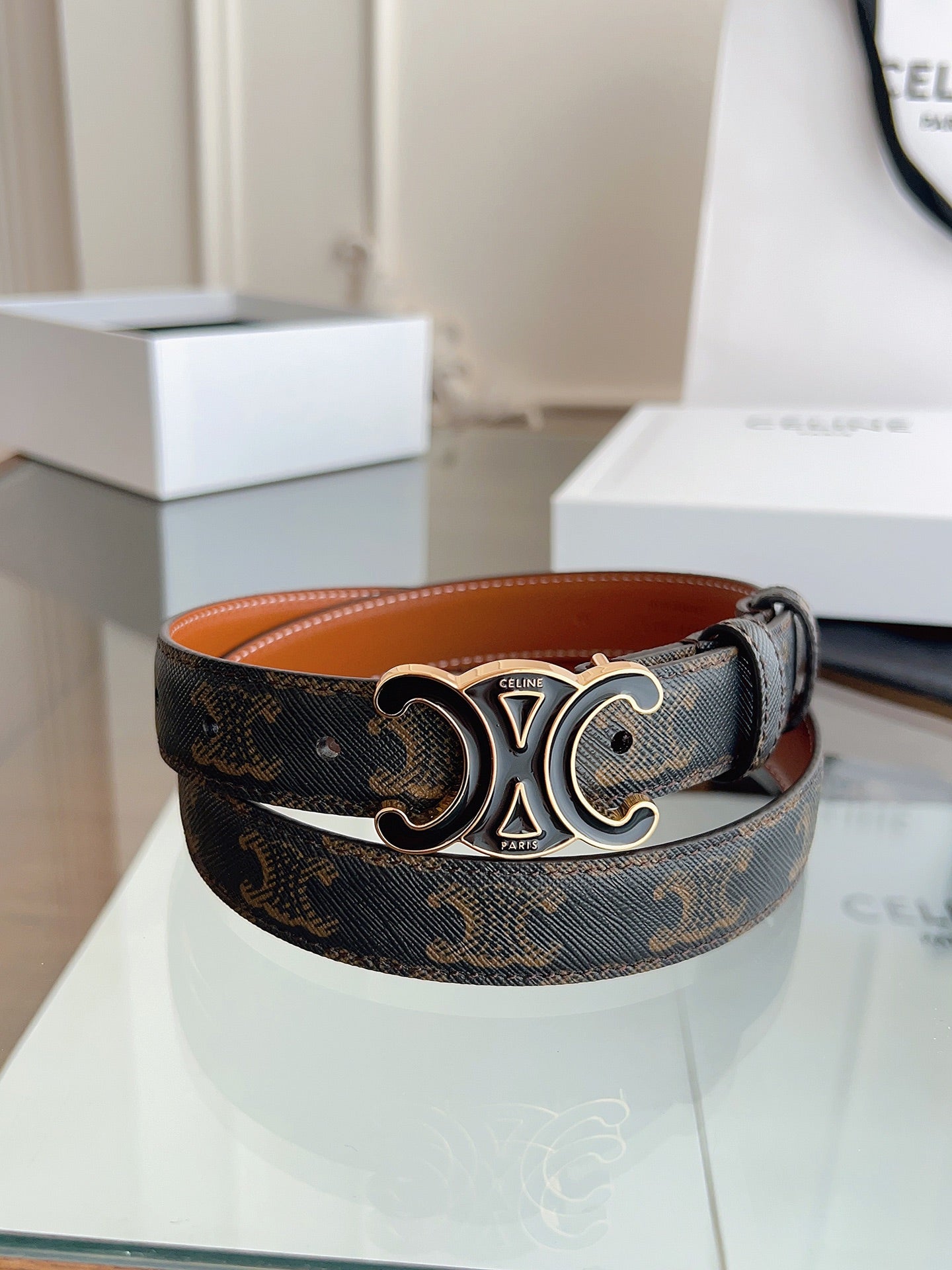CL Black 25mm Triomphe Enamel Saddle Dark Brown Monogram Cowhide  615275
