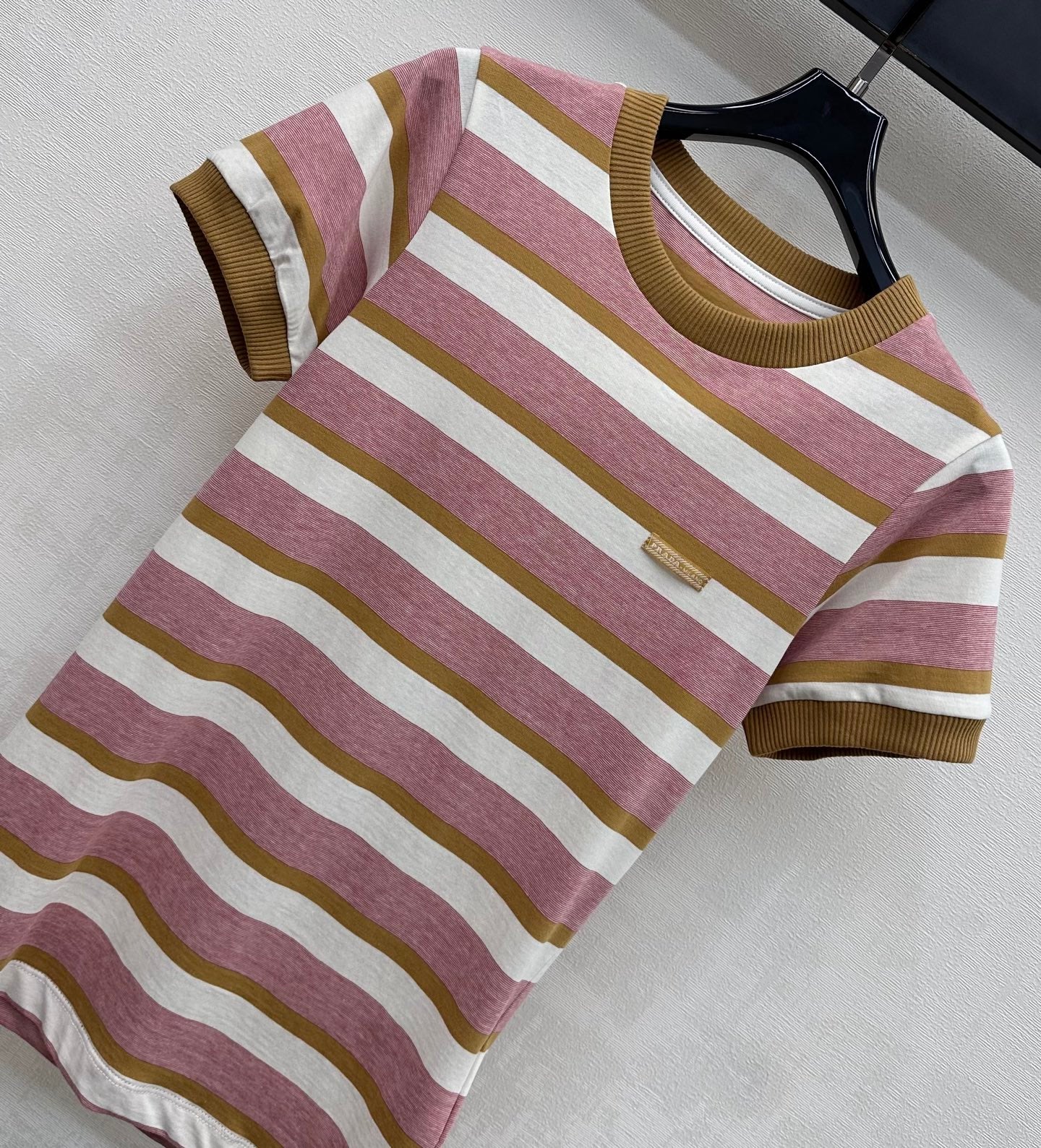 Prada 2026 Bayadere Stripe Short-Sleeve T-Shirt Pink Brown White Cotton
