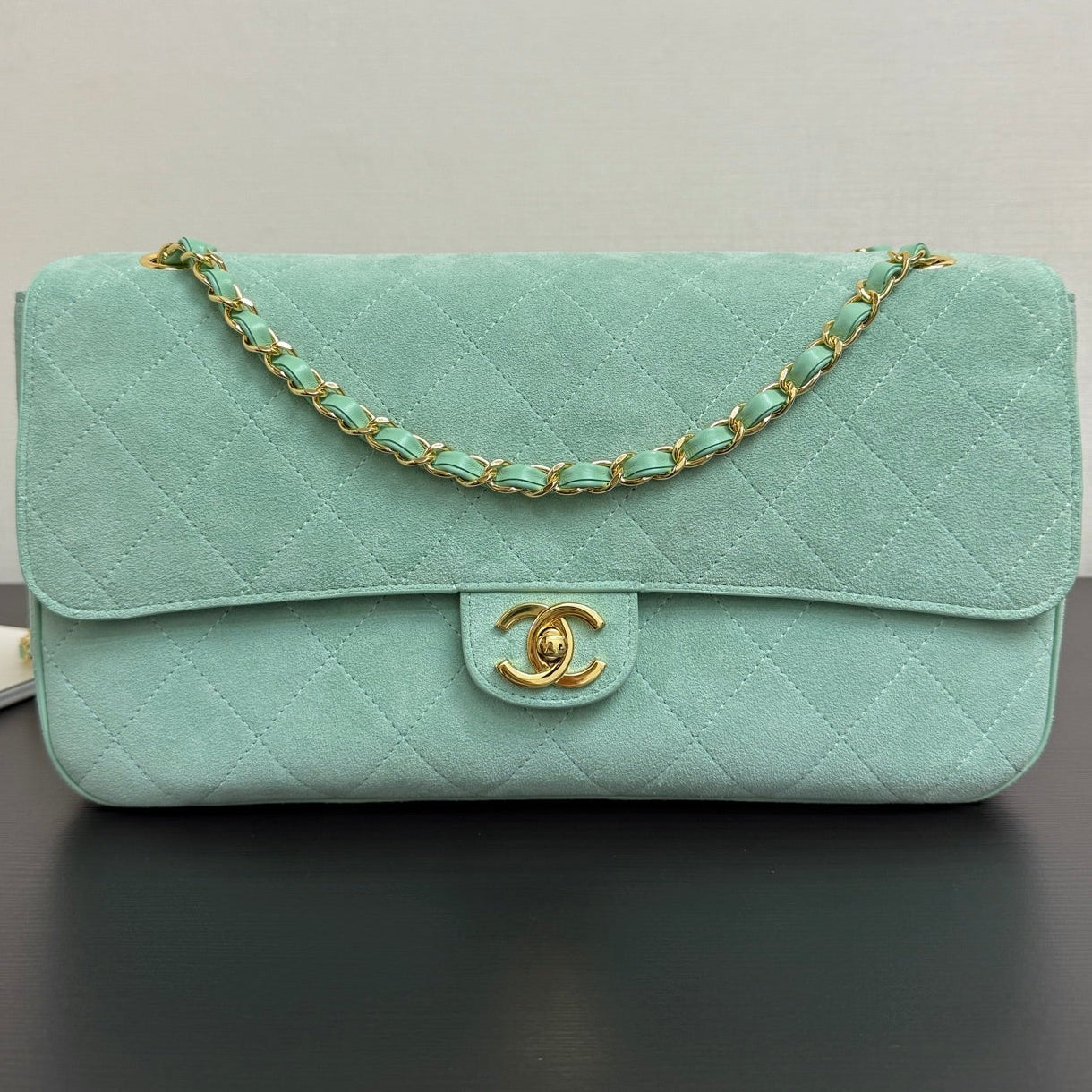 Chanel 2026 Flap Bag 34cm Mint Green Suede Leather