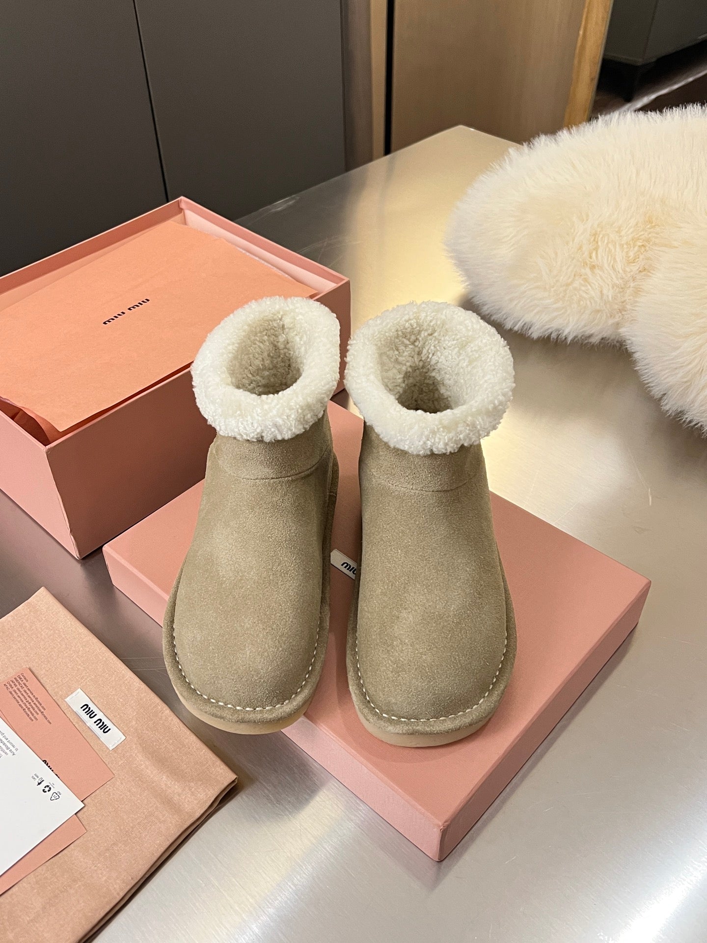 Miumiu 25 Boot Beige White Suede Wool 510221