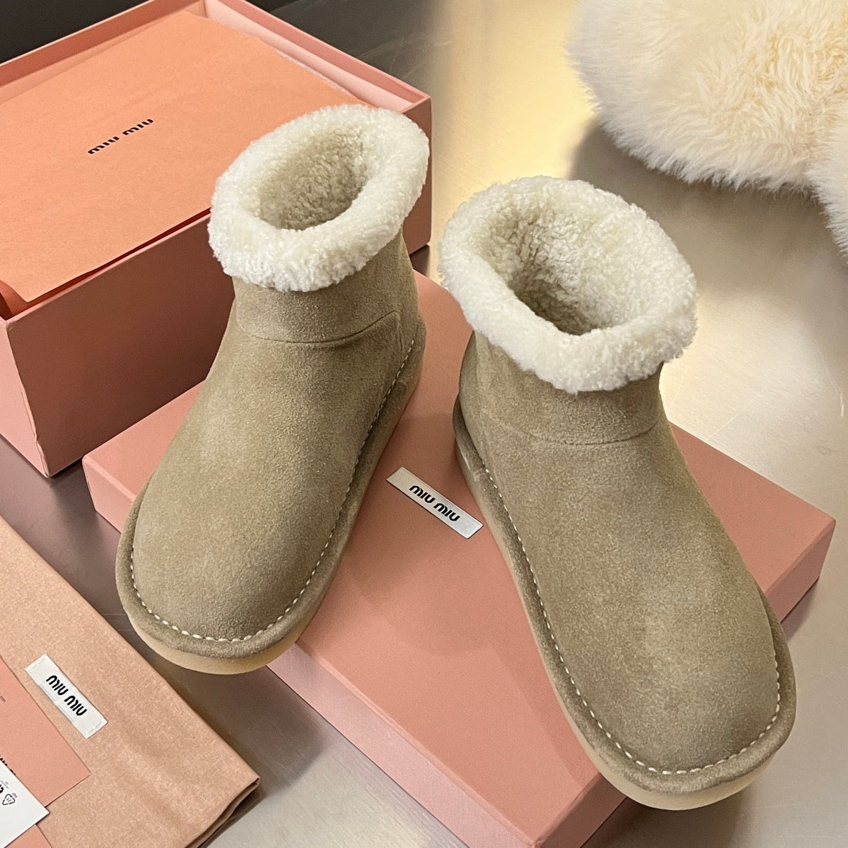 Miumiu 25 Boot Beige White Suede Wool 510221
