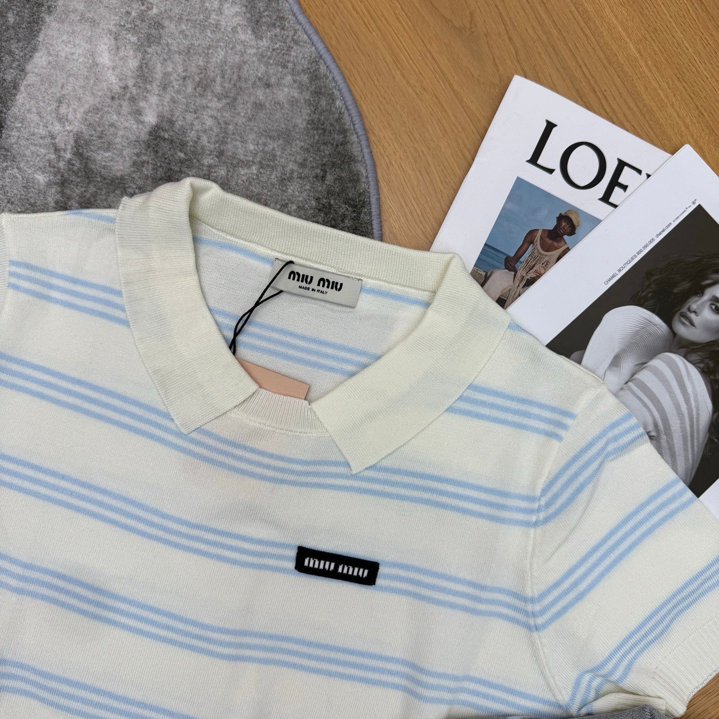 Miumiu 2026 Striped Knit Polo Shirt Features Light Blue Stripes