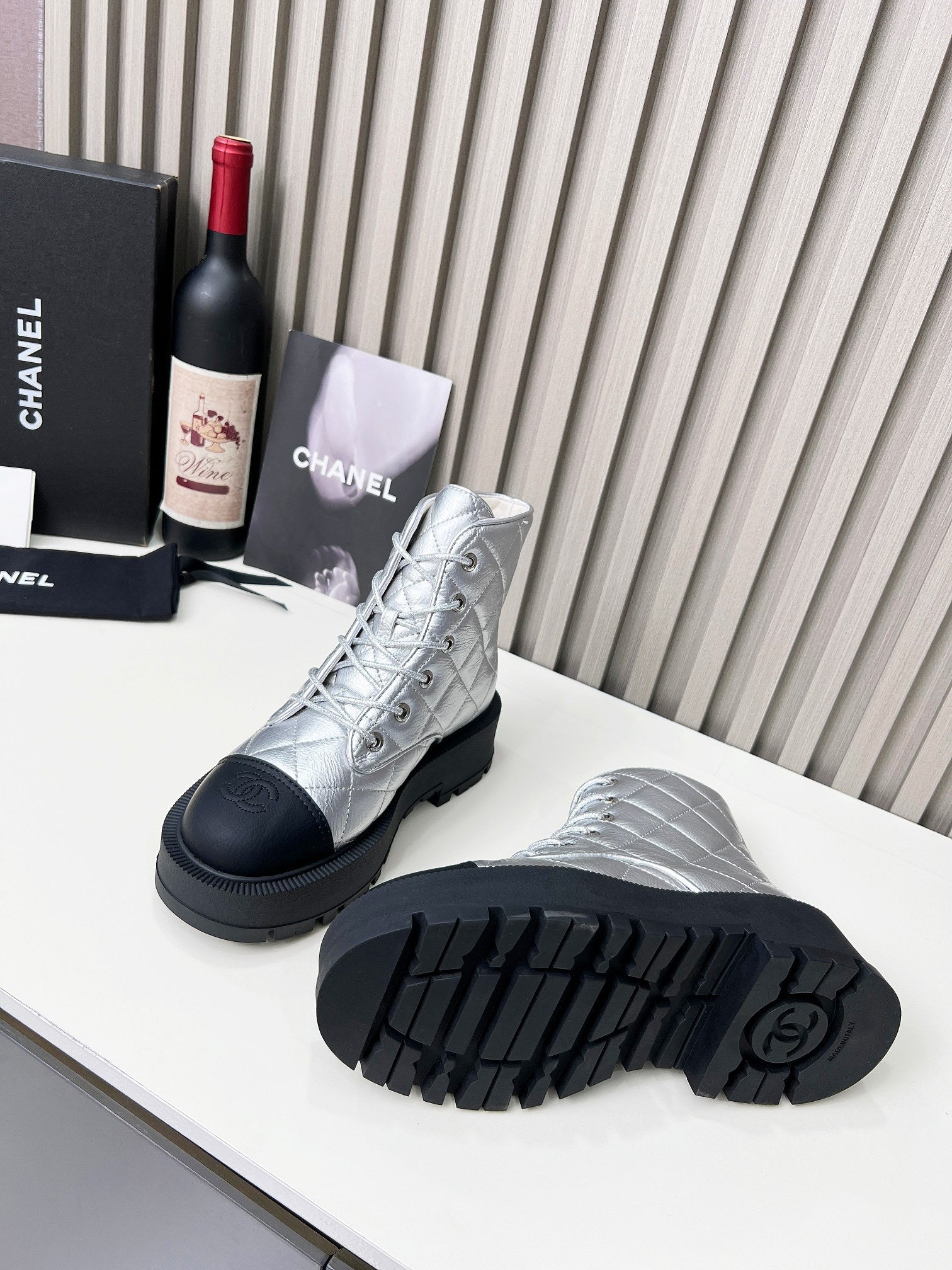 CC Combat Boots In Silver Quilted Lambskin 944579