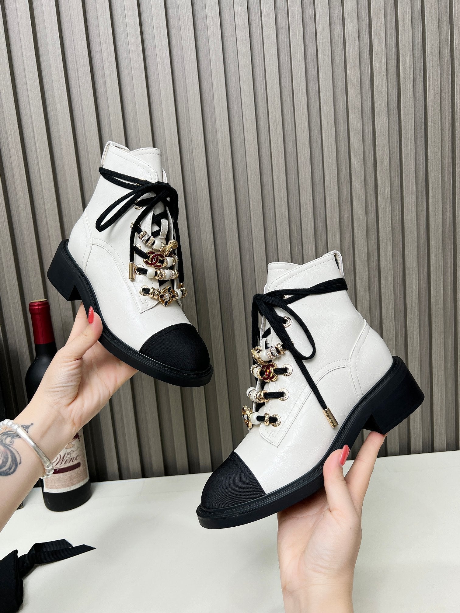 CC Combat Boots 50mm White Black Calfskin And Lycra Fabric 944550