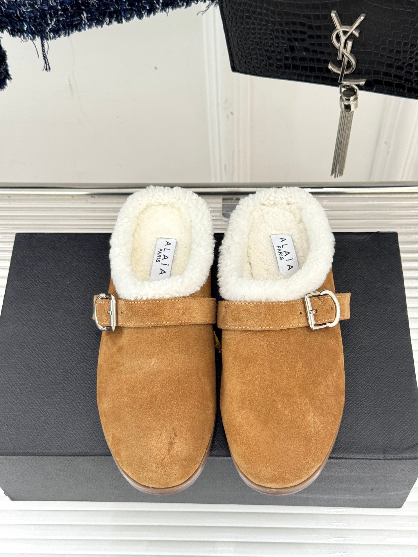 Alaia 25WF slippers belt buckle caramel brown suede wool 472229