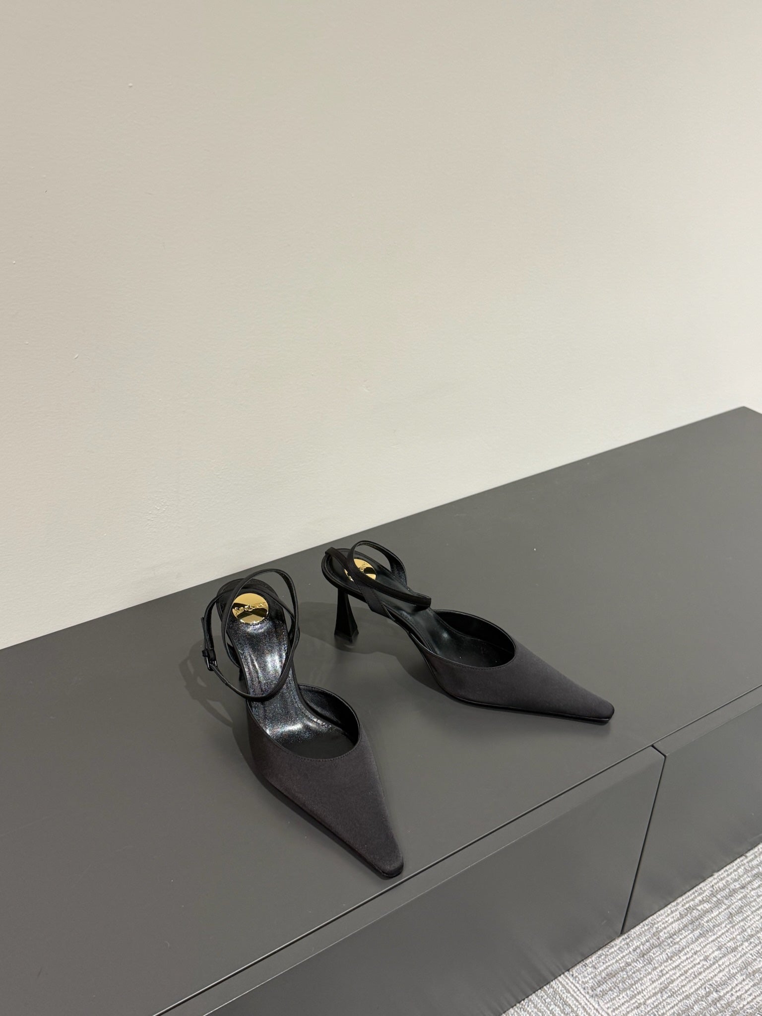 AIMÃ‰E SLINGBACK PUMPS IN BLACK SATIN