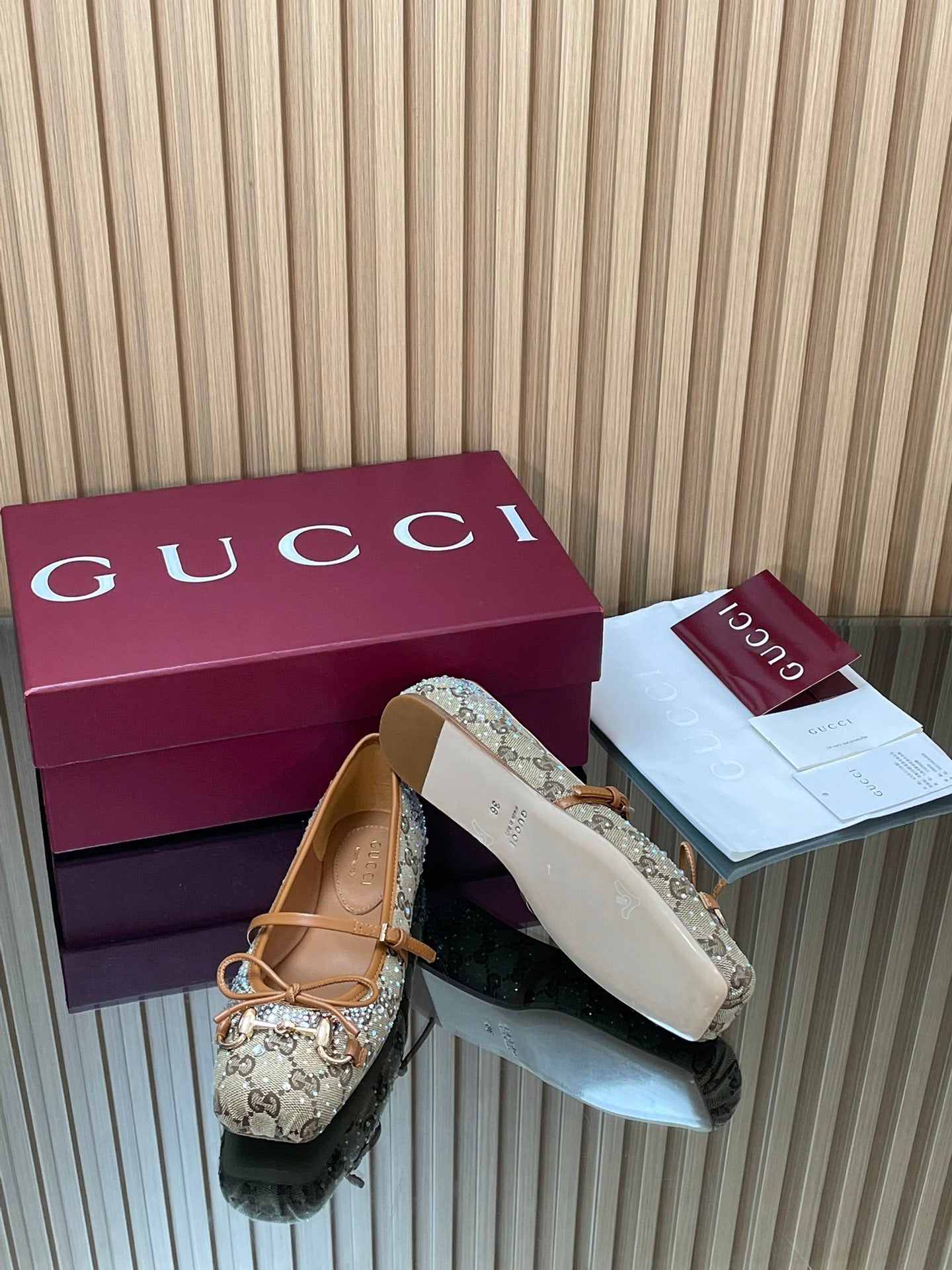 Gucci 2026 Crystal Rhinestone Ballet Flat Beige Brown Canvas Leather 562909