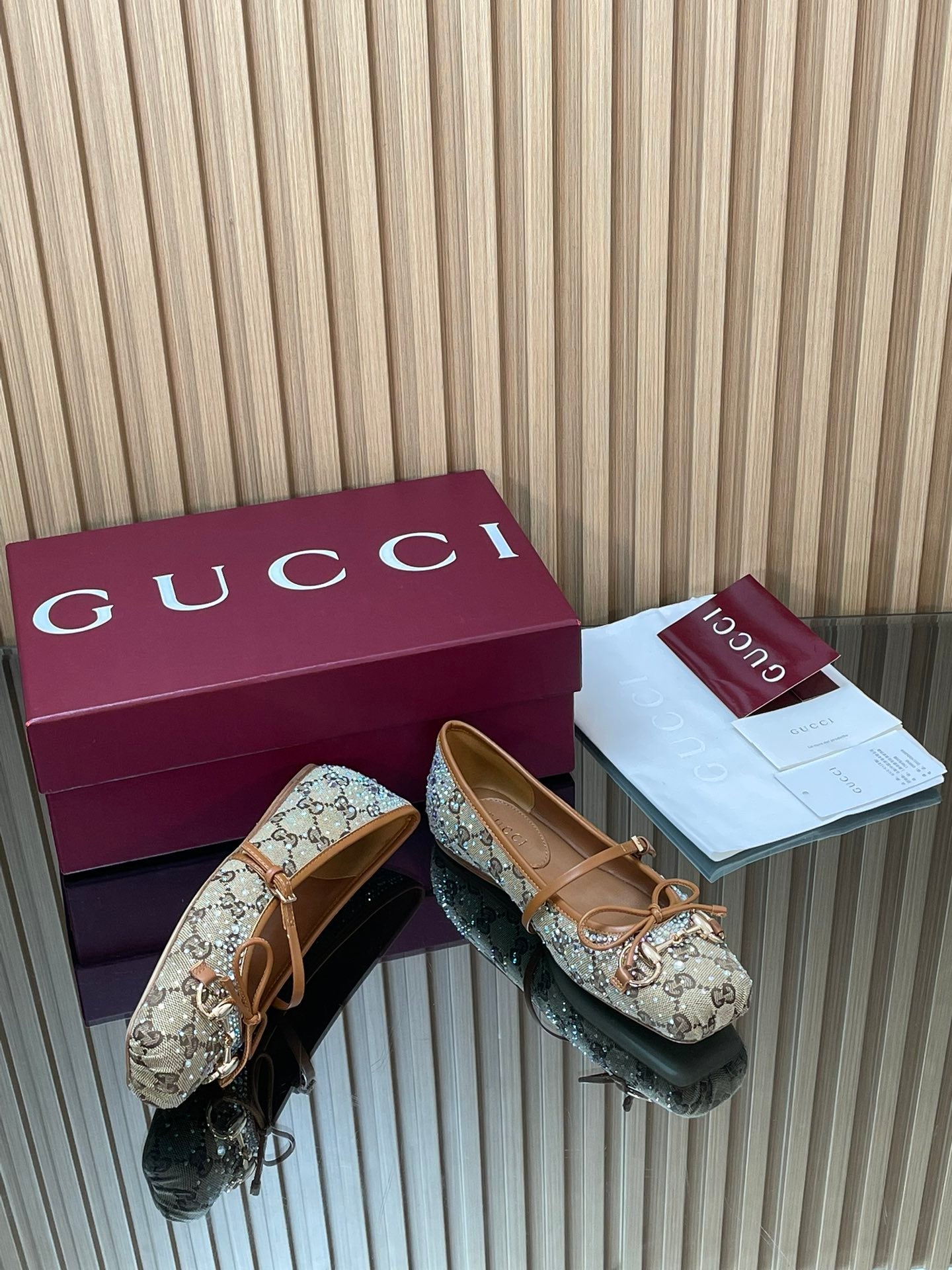 Gucci 2026 Crystal Rhinestone Ballet Flat Beige Brown Canvas Leather 562909