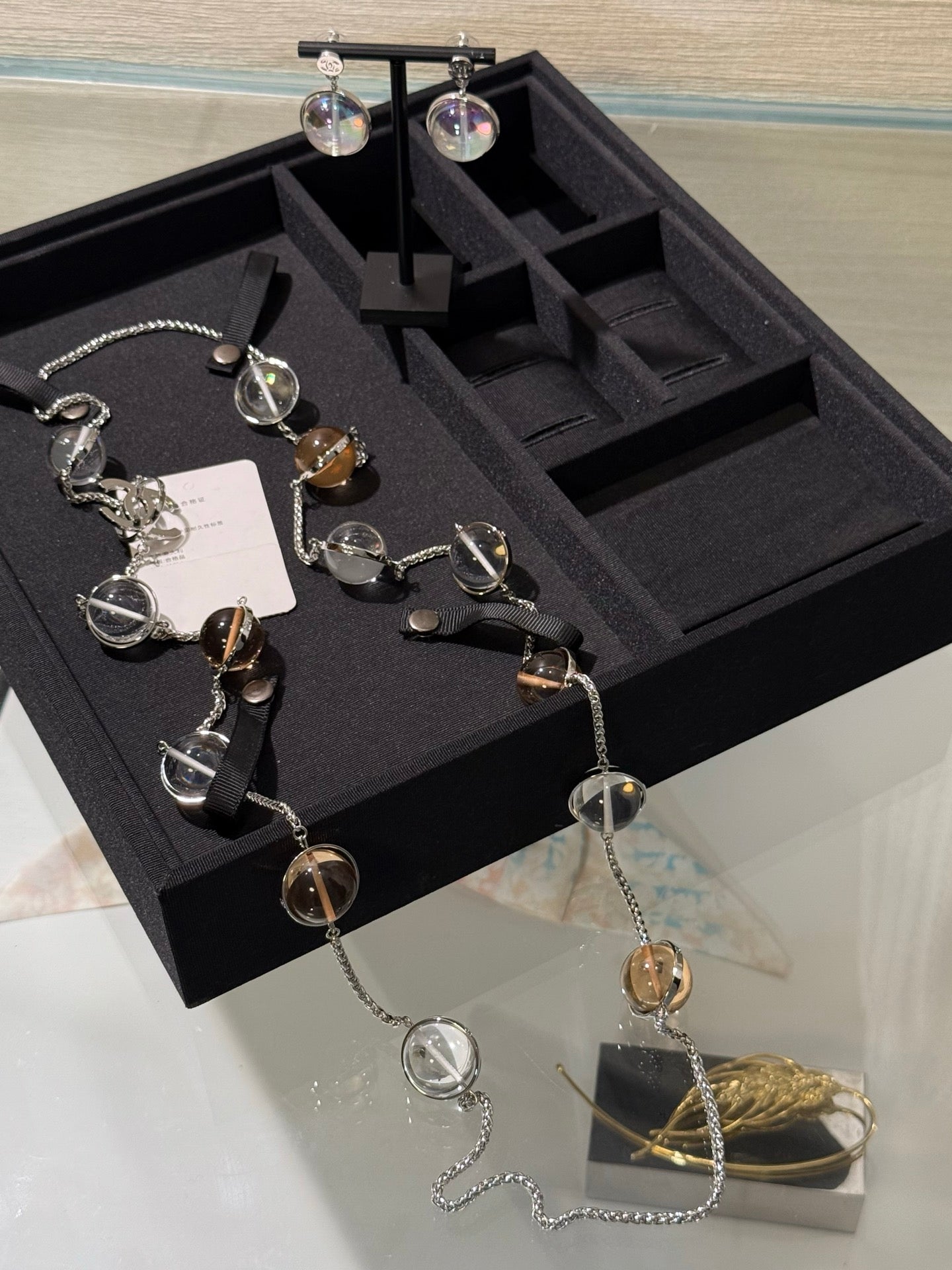 Chanel 2026 Transparent Crystal Ball Planet Silver Double C Long Necklace