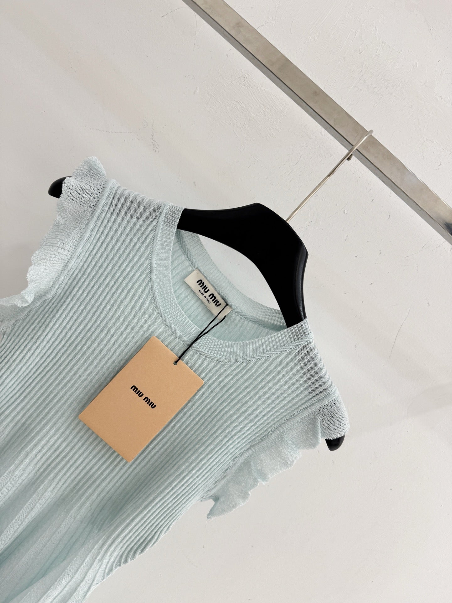 Miumiu 2026 Ruffled Sleeveless Knitwear Light Blue Cotton 516685