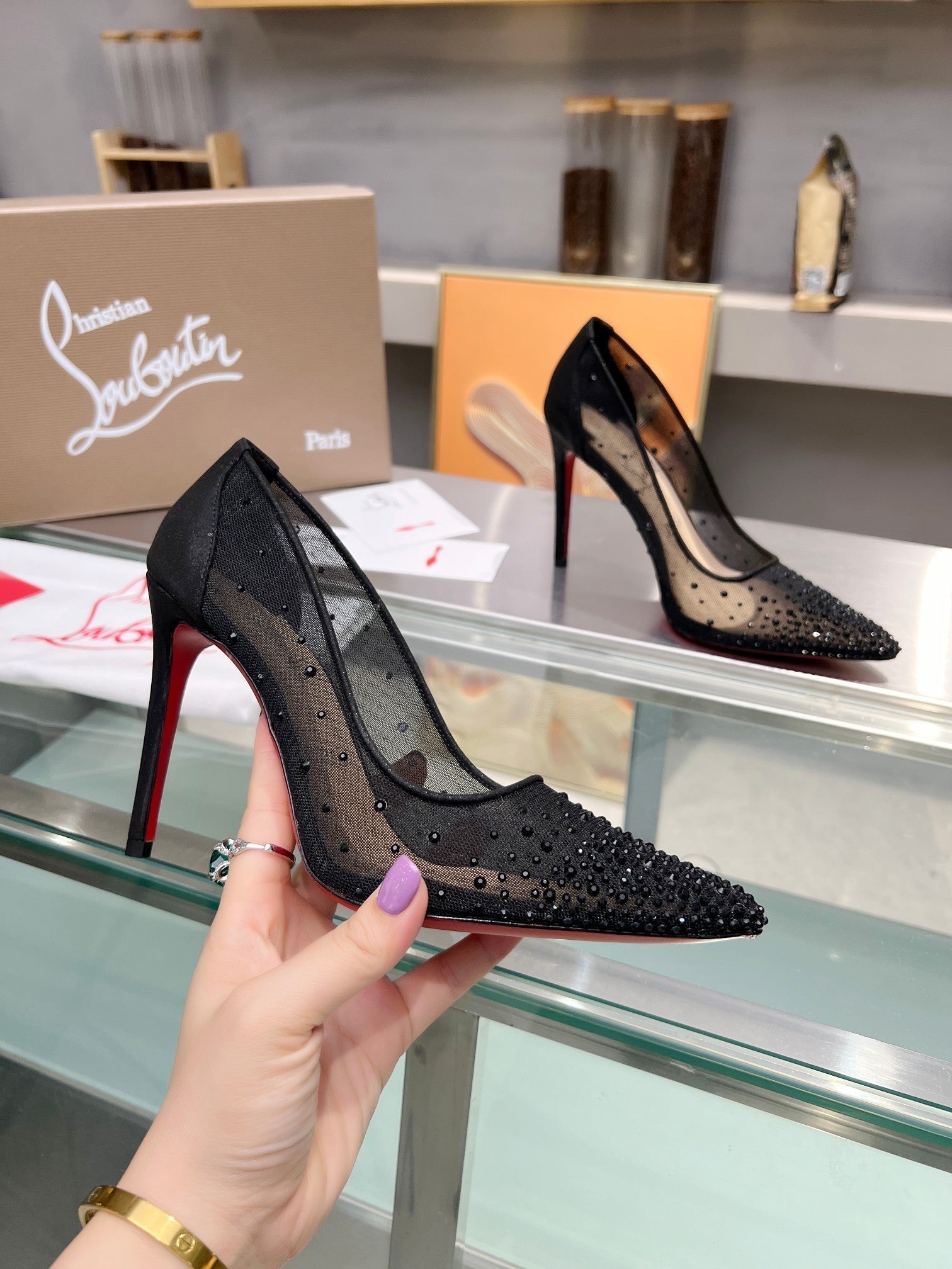 Cl Follies Strass 105mm Pumps Net Suede Calf And Strass Black