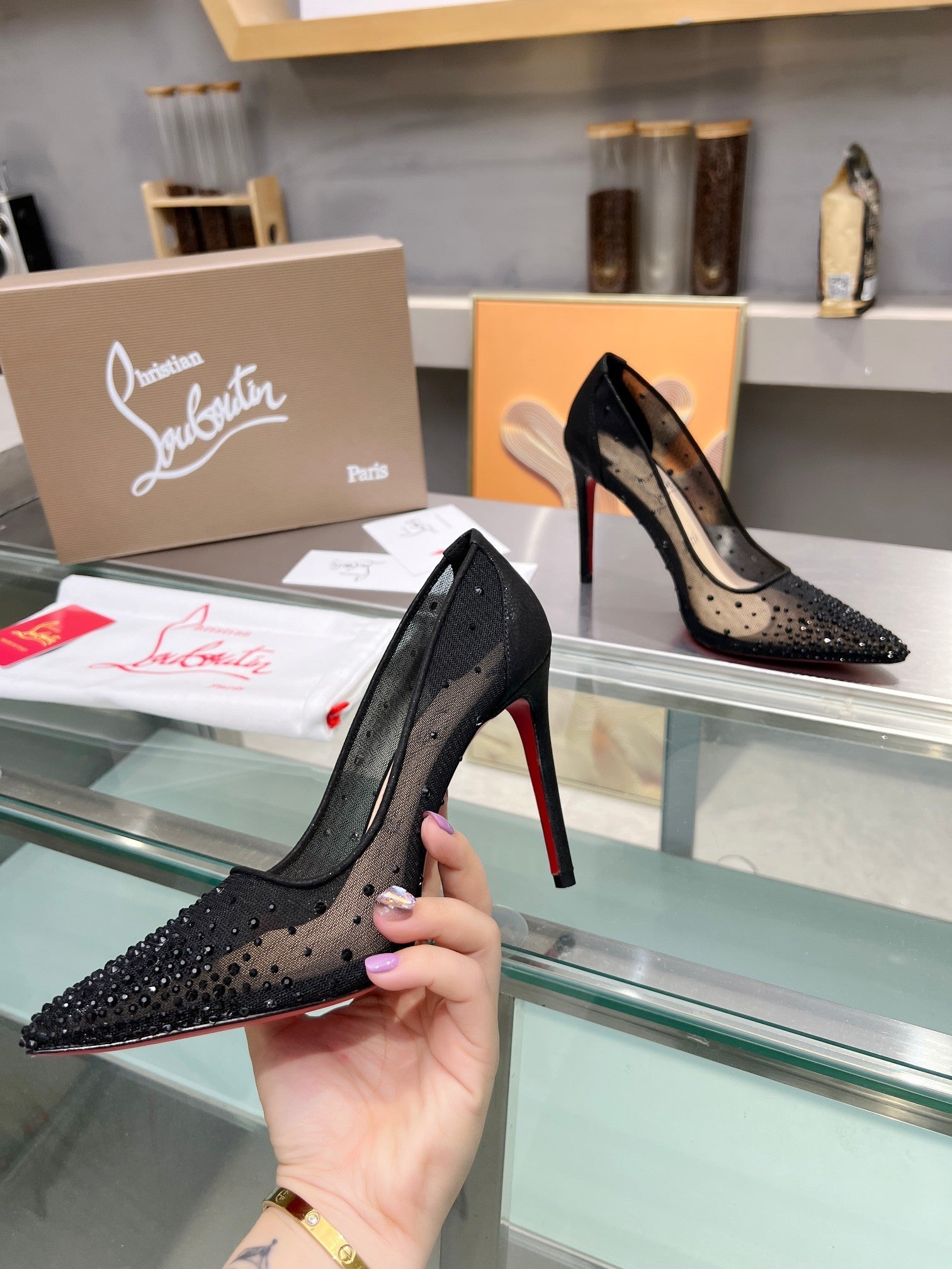 Cl Follies Strass 105mm Pumps Net Suede Calf And Strass Black