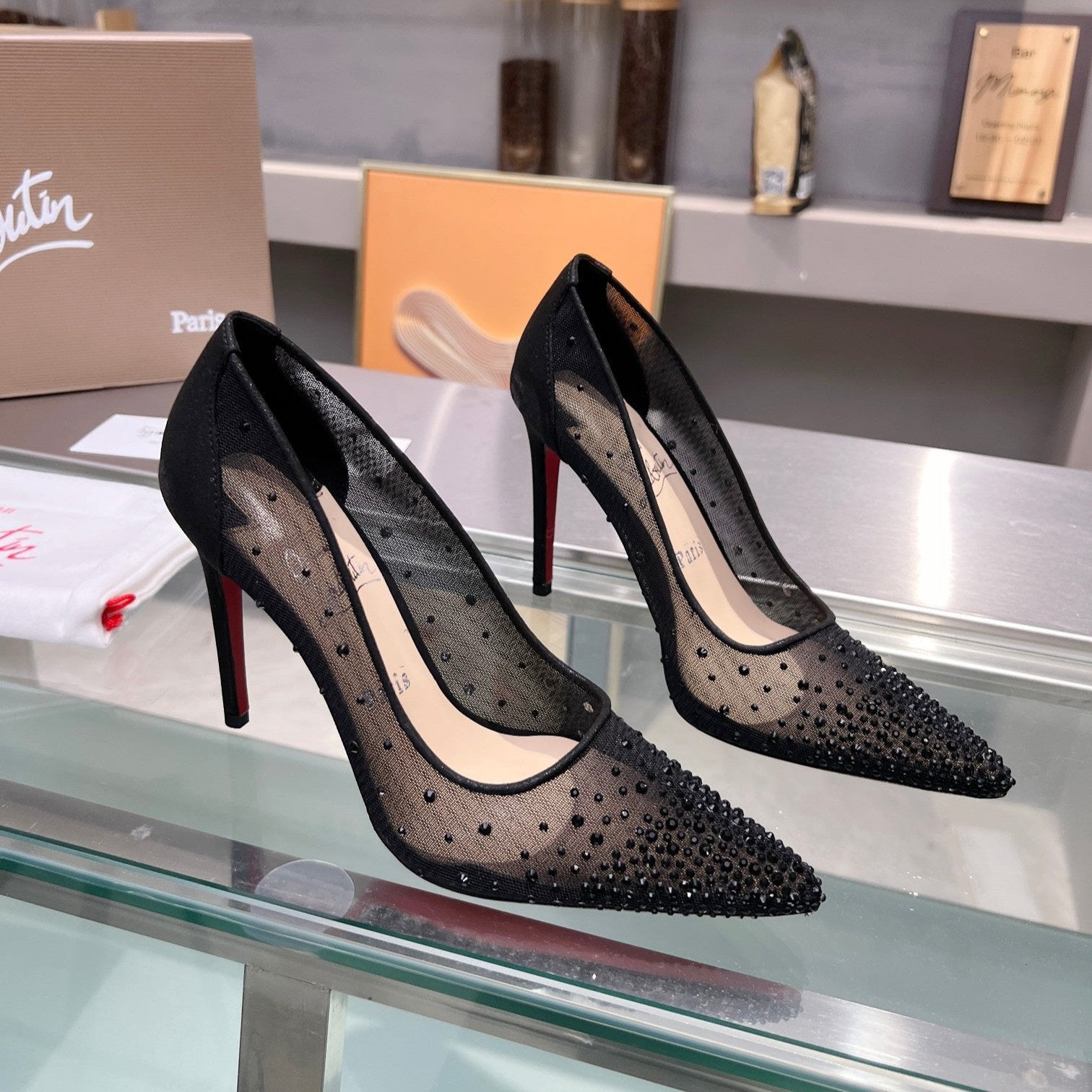 Cl Follies Strass 105mm Pumps Net Suede Calf And Strass Black