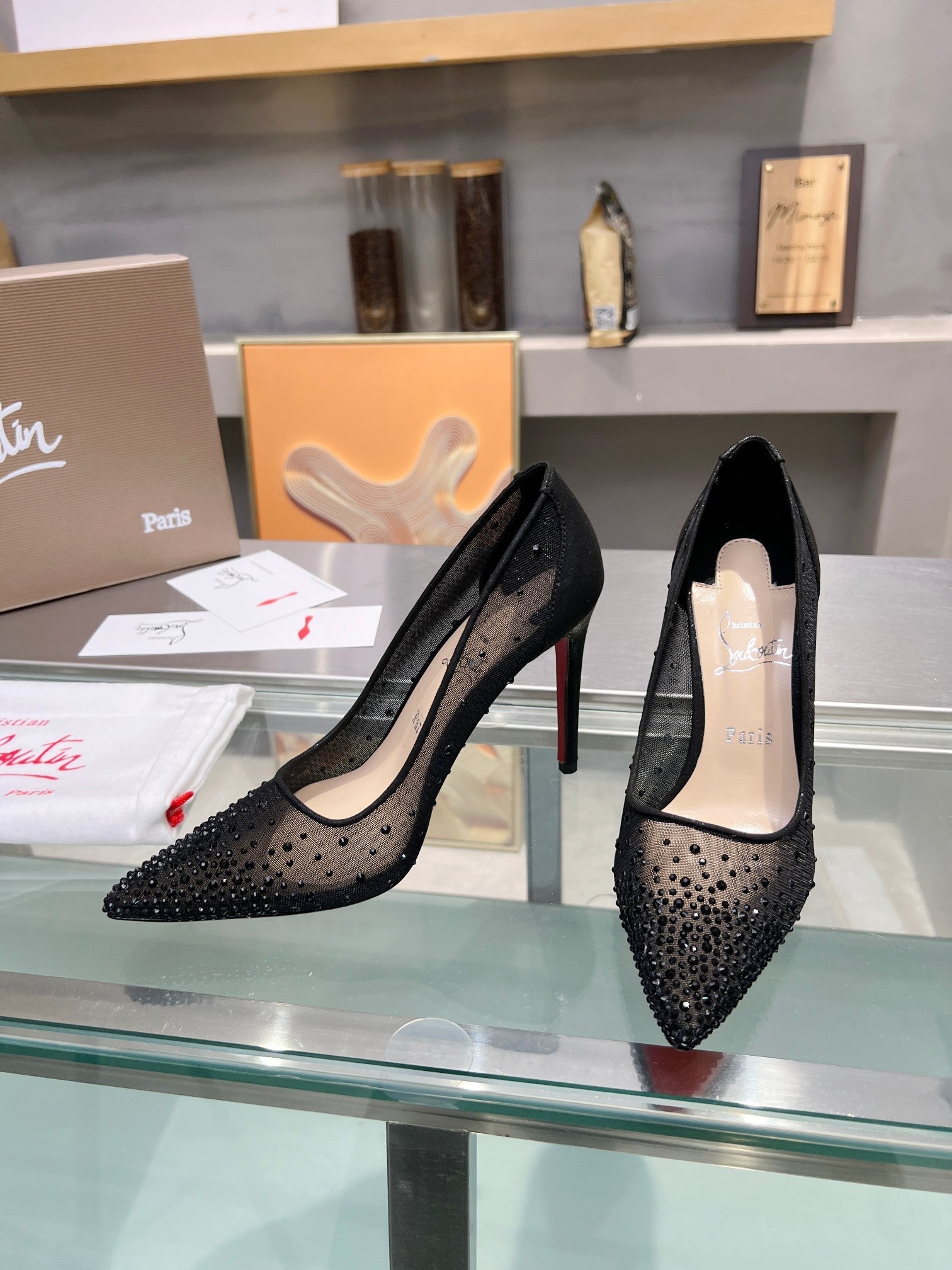 Cl Follies Strass 105mm Pumps Net Suede Calf And Strass Black