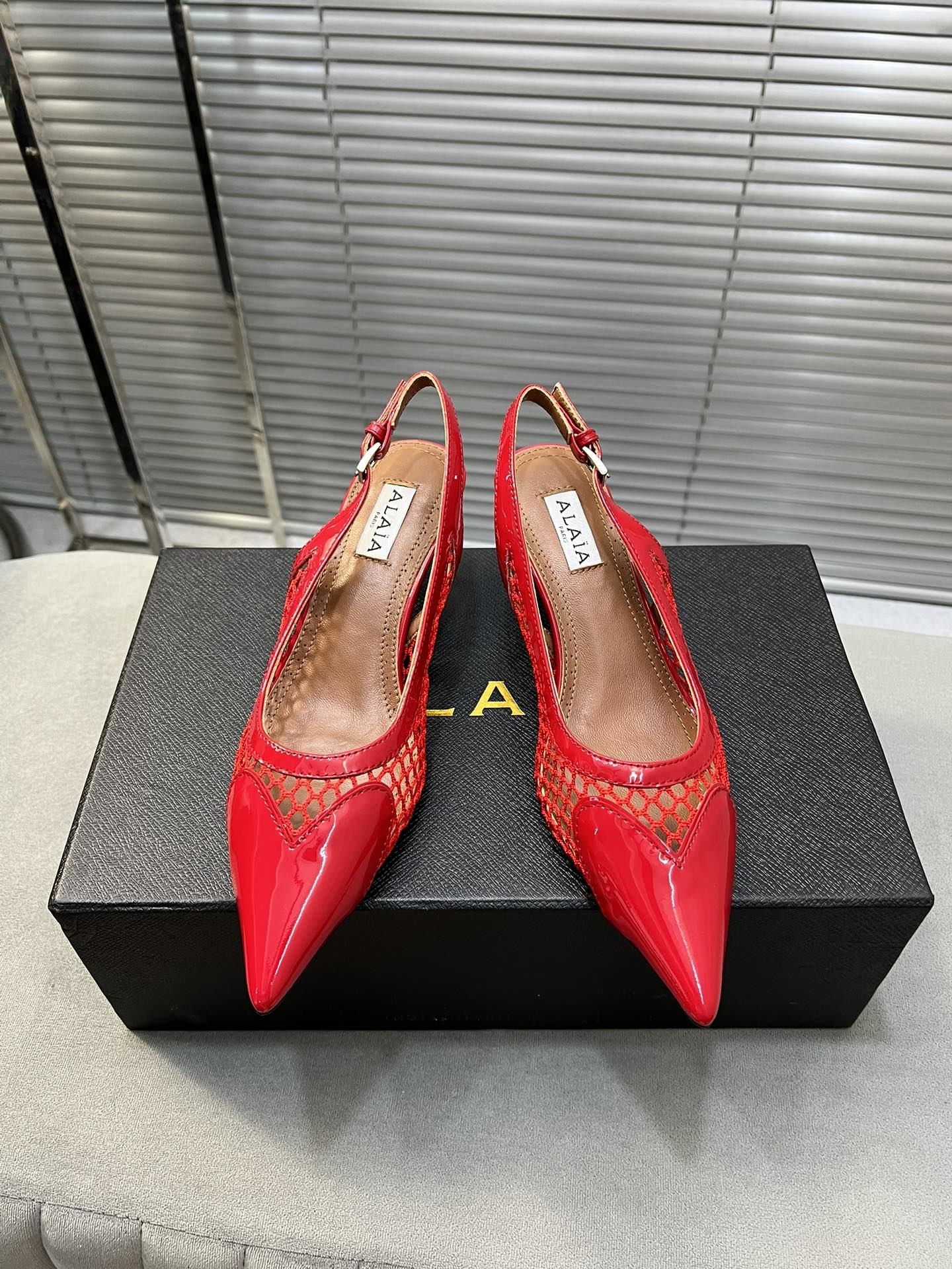 alaia high love slingback 55 fishnet red lambskin