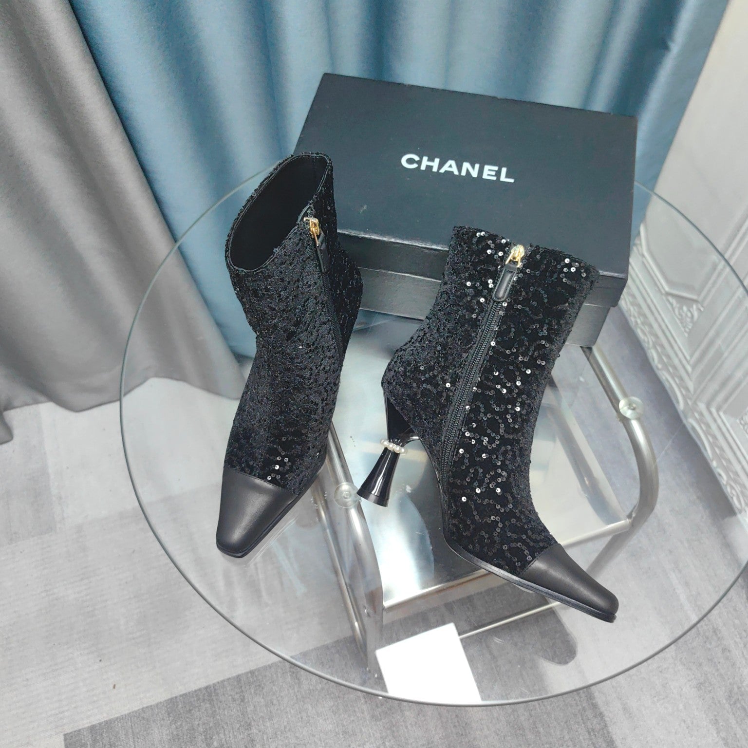 CC Ankle Boots Black Beaded Fabric And Cowhide