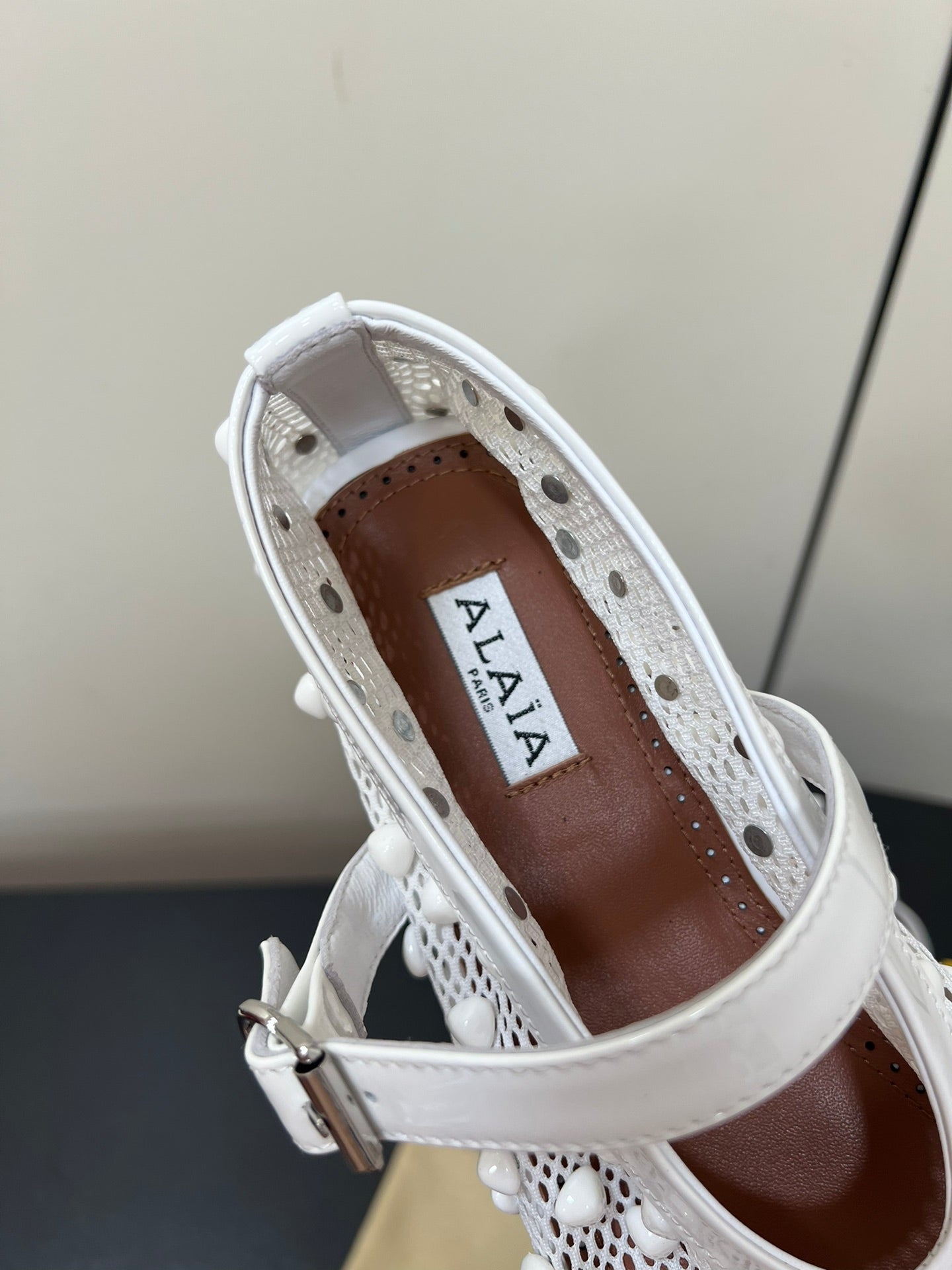 Alaila Ballet Flats With Studs On Fishnet In White 975751