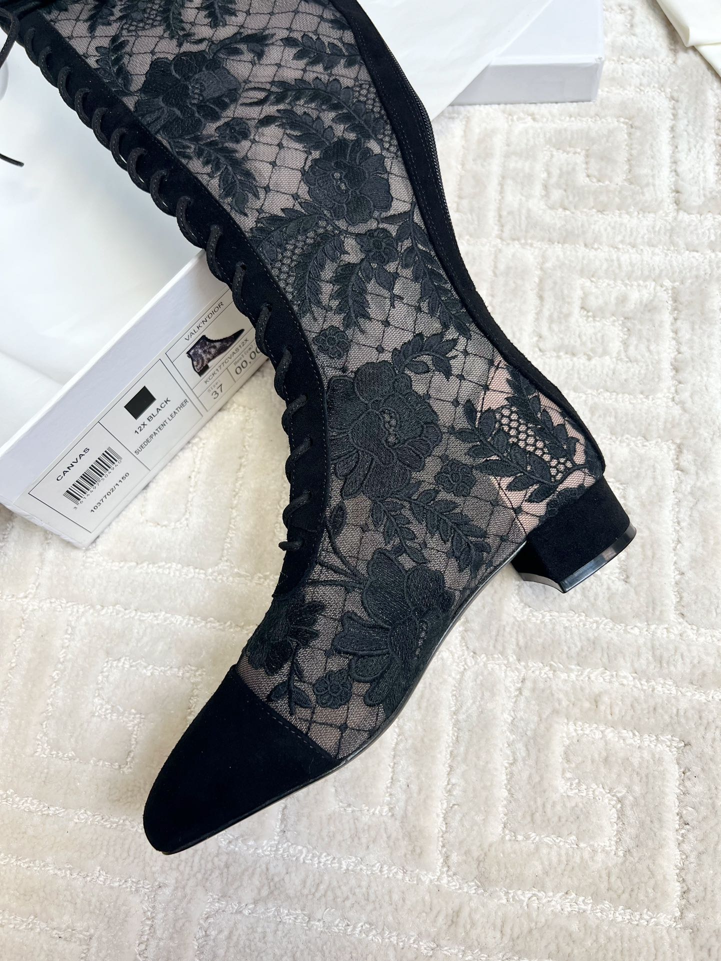 CD Naughtily-D Heeled High Boots Black Transparent Mesh Roses Embroidery And Suede