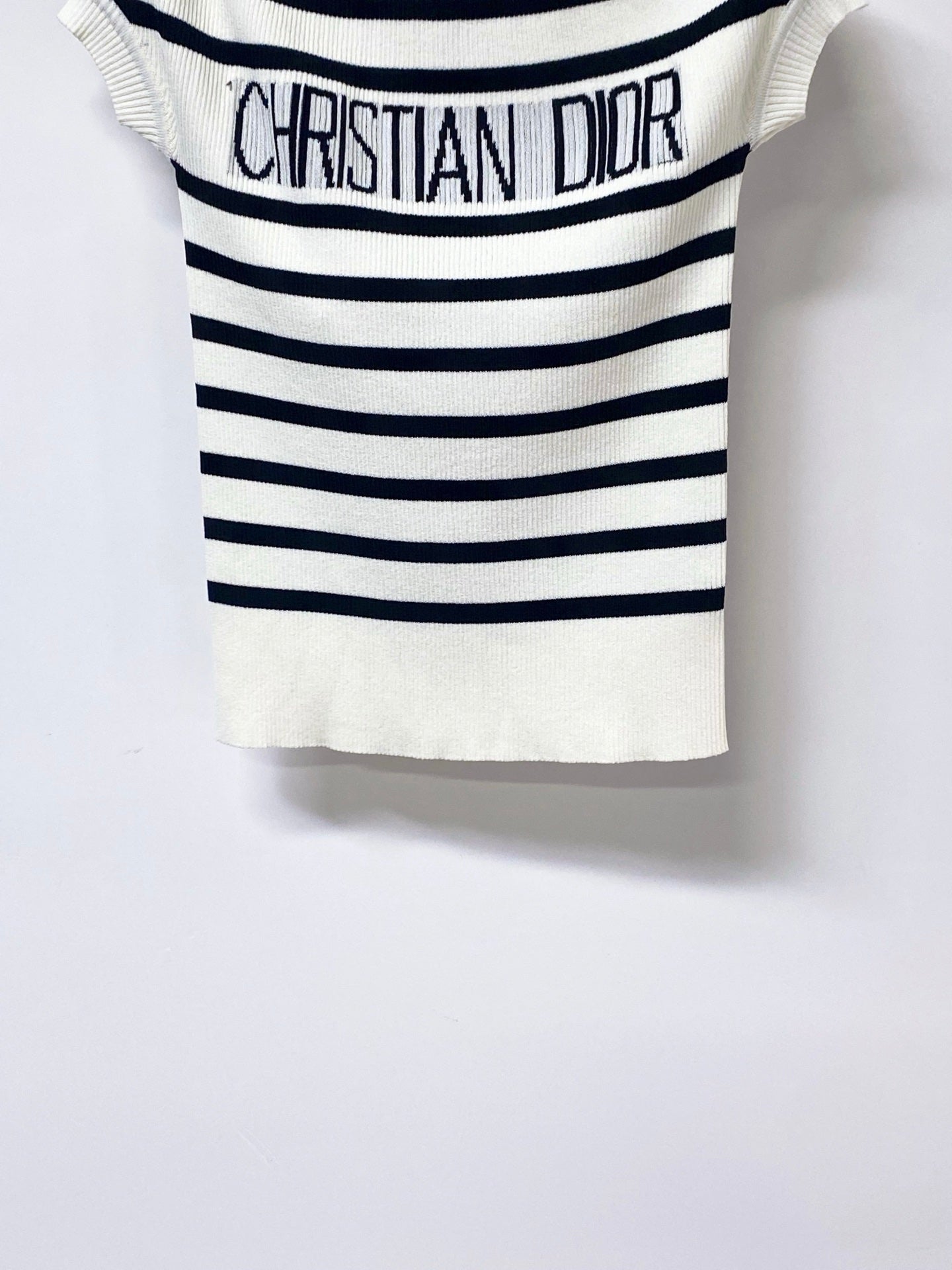 Dior 2026 Striped Off-Shoulder Knit Top White Black Wool 396617