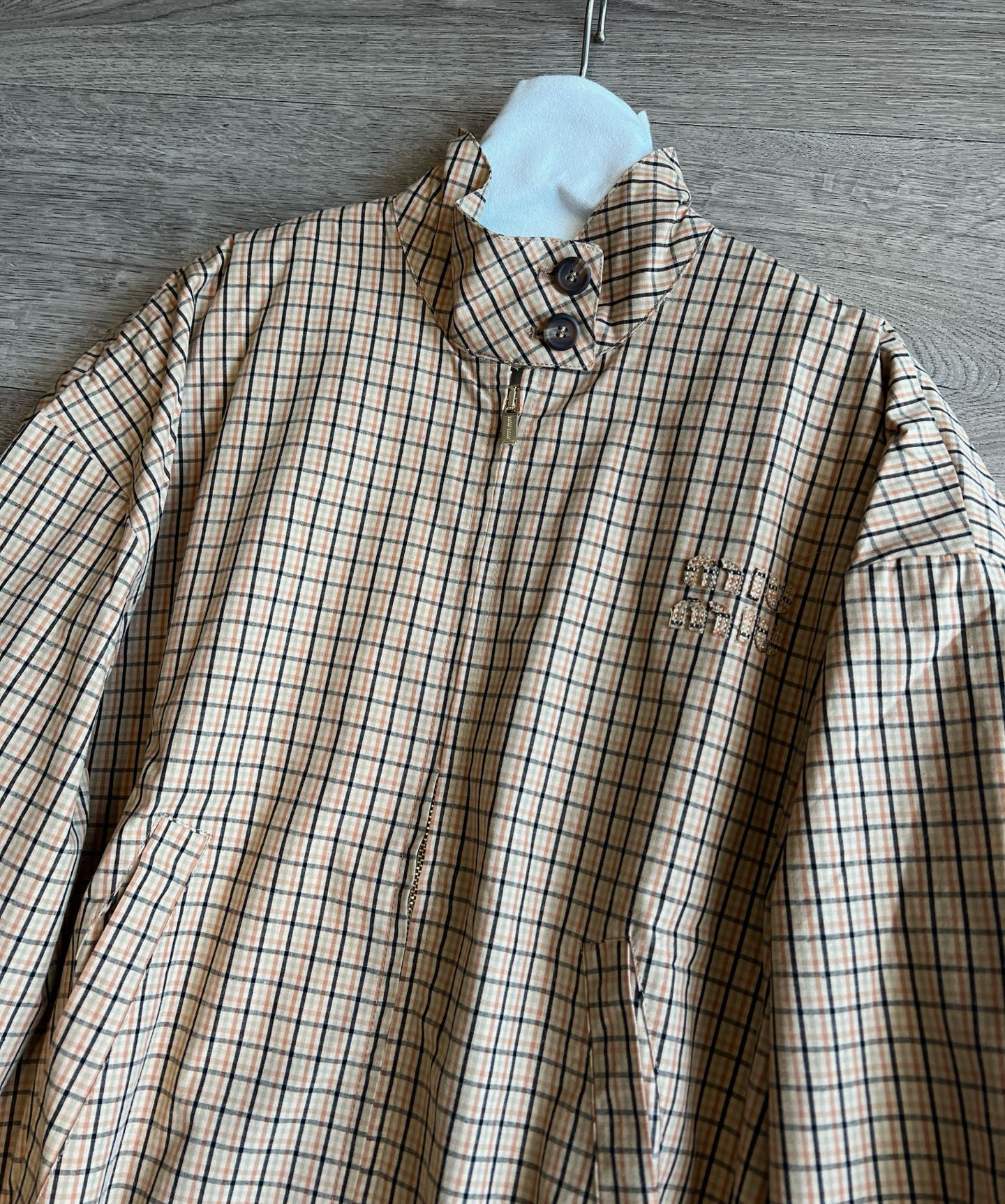 Miu Miu 25 Plaid Stand-up Collar Jacket Katun Pelapis