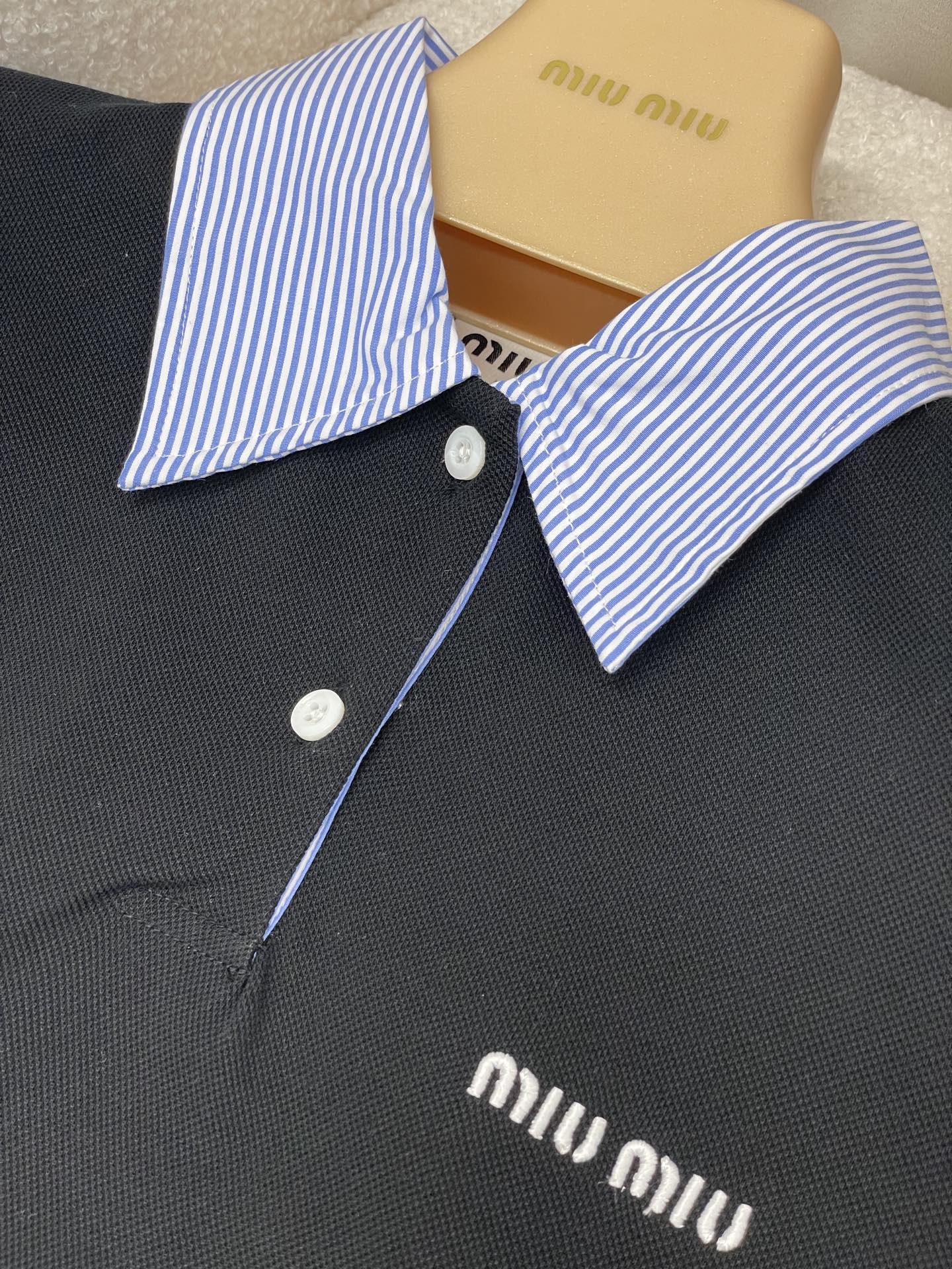 Miumiu 2026 Striped Patchwork Polo Shirt Black Blue Cotton