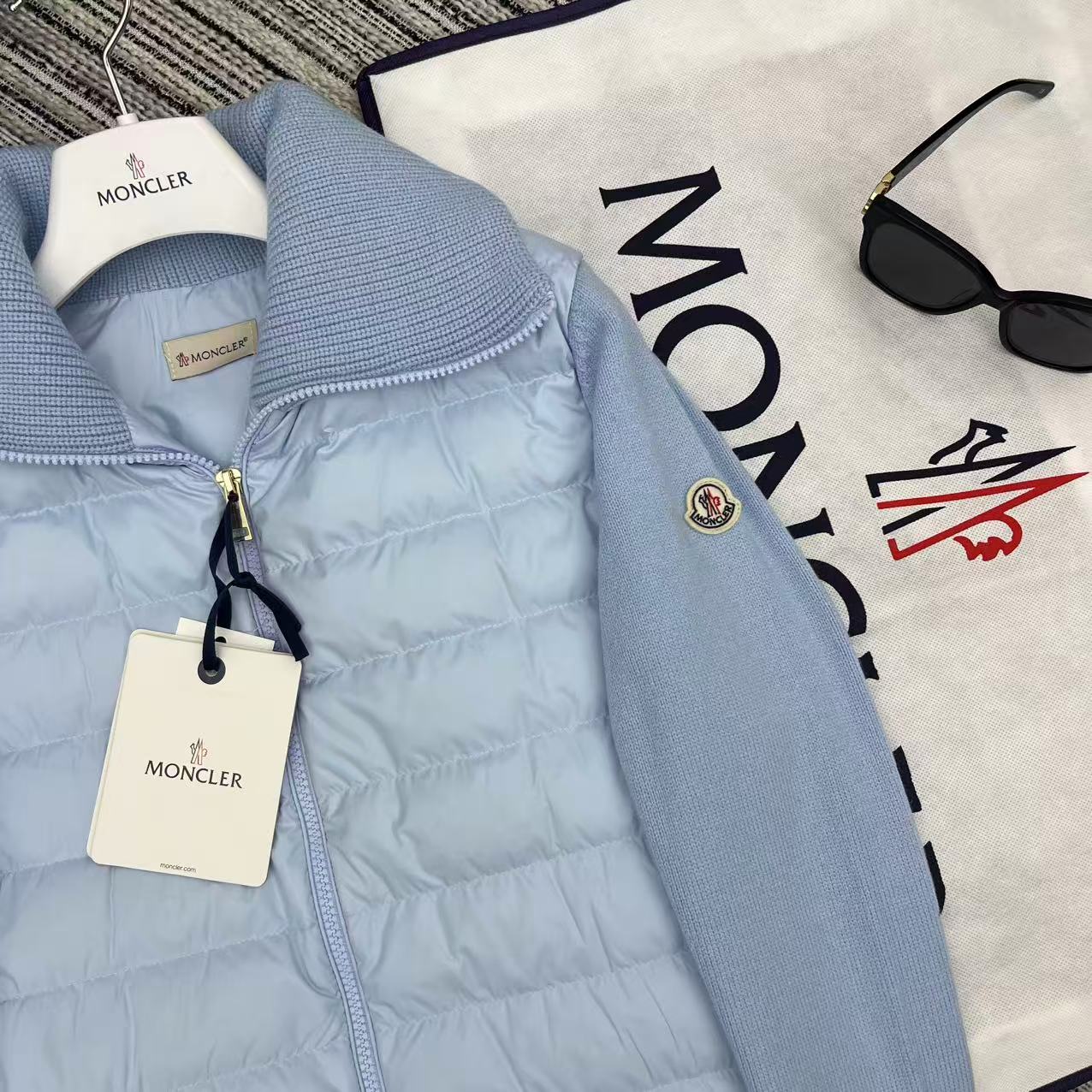 MC 2025 Quilted Knit-panel Puffer Jacket Sky Blue Polyester Wool 528745