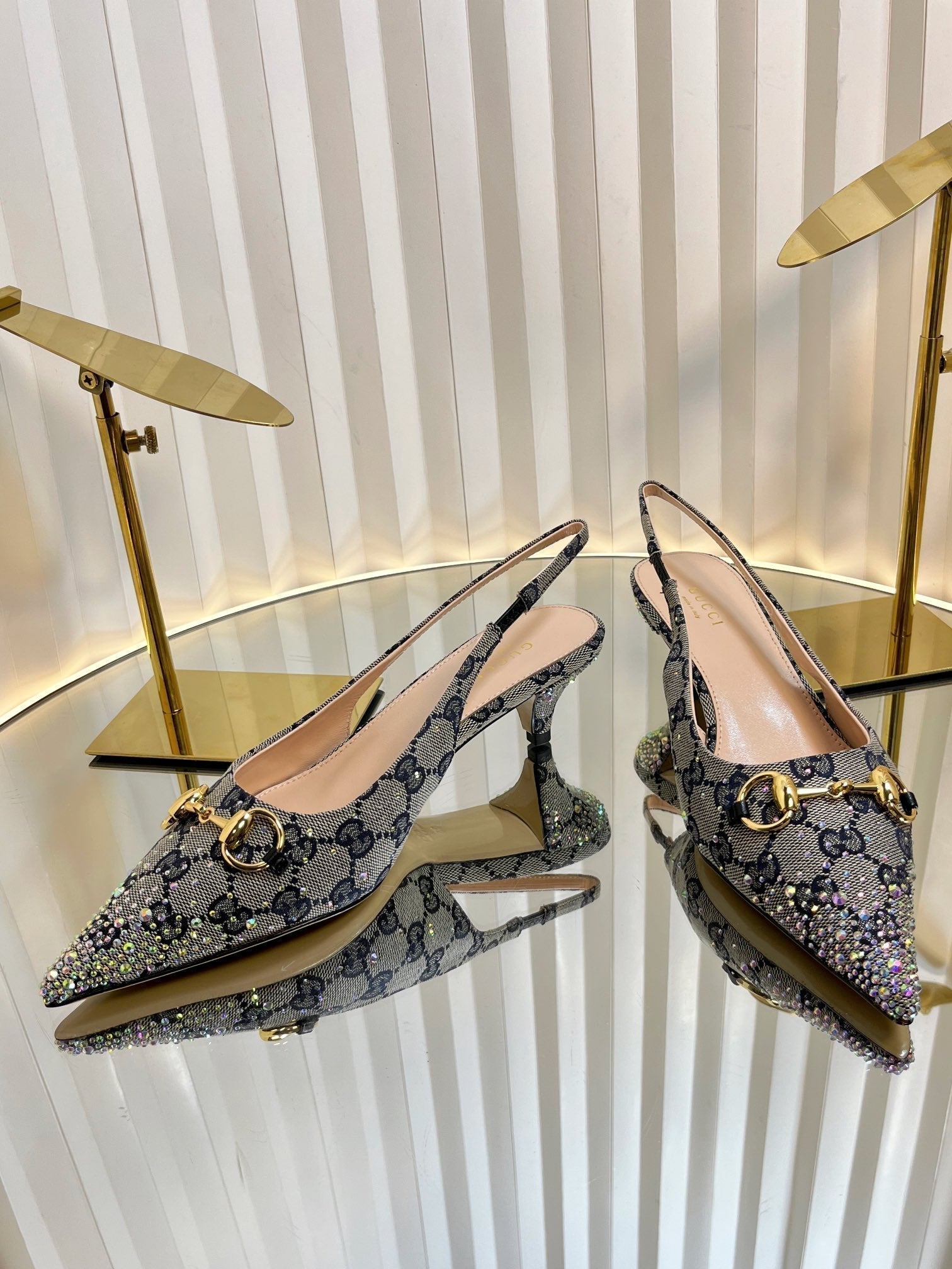 GC Crystal Horsebit Slingback 50mm Beige mix Blue Canvas lambskin 294616
