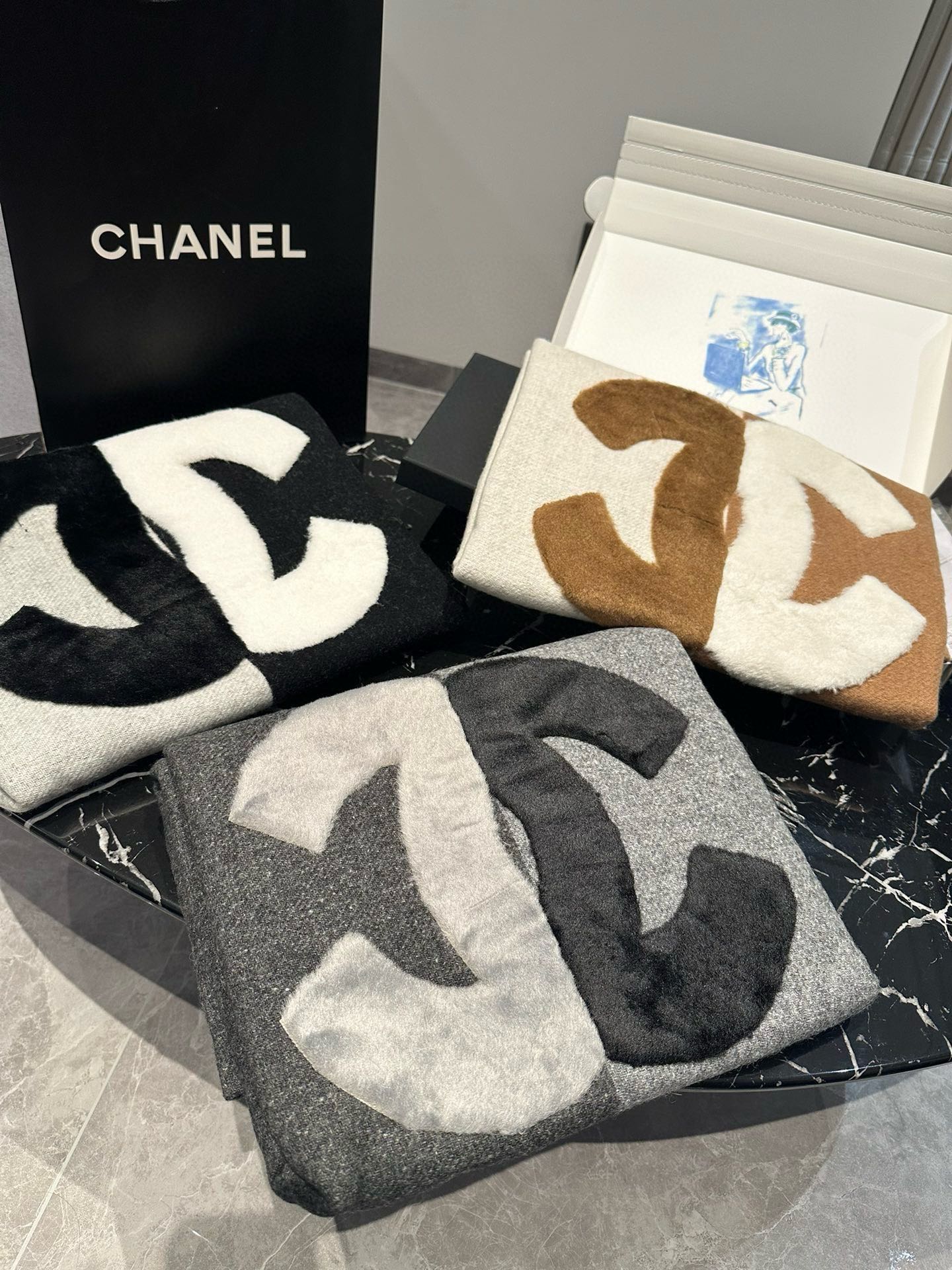 CC Scarf 200 CM In Black Mix White Fleece Wool  405155