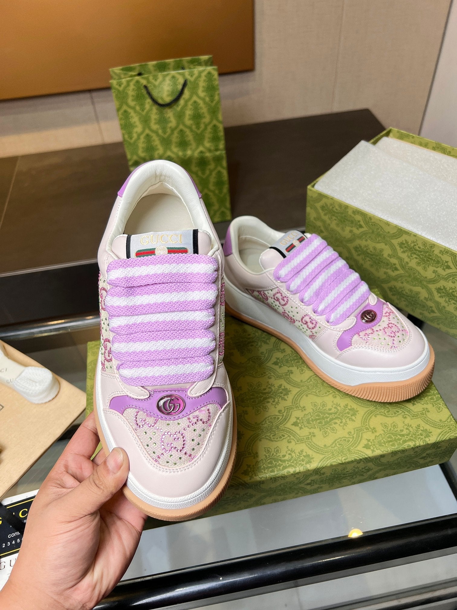 GG Men's Screener Sneaker Purple Canvas Sheepskin  523600