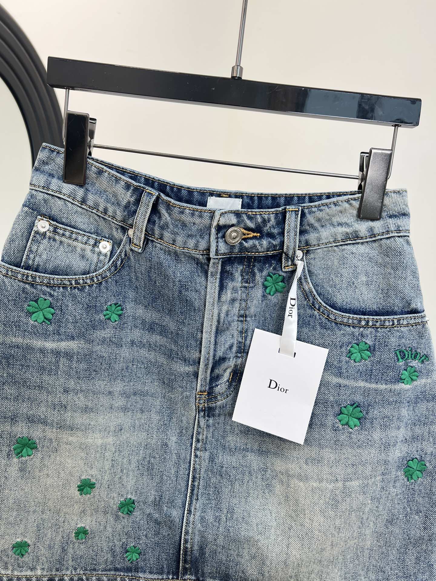 Dior 2026 Clover Embroidered Denim Midi Skirt Blue Cotton 138335
