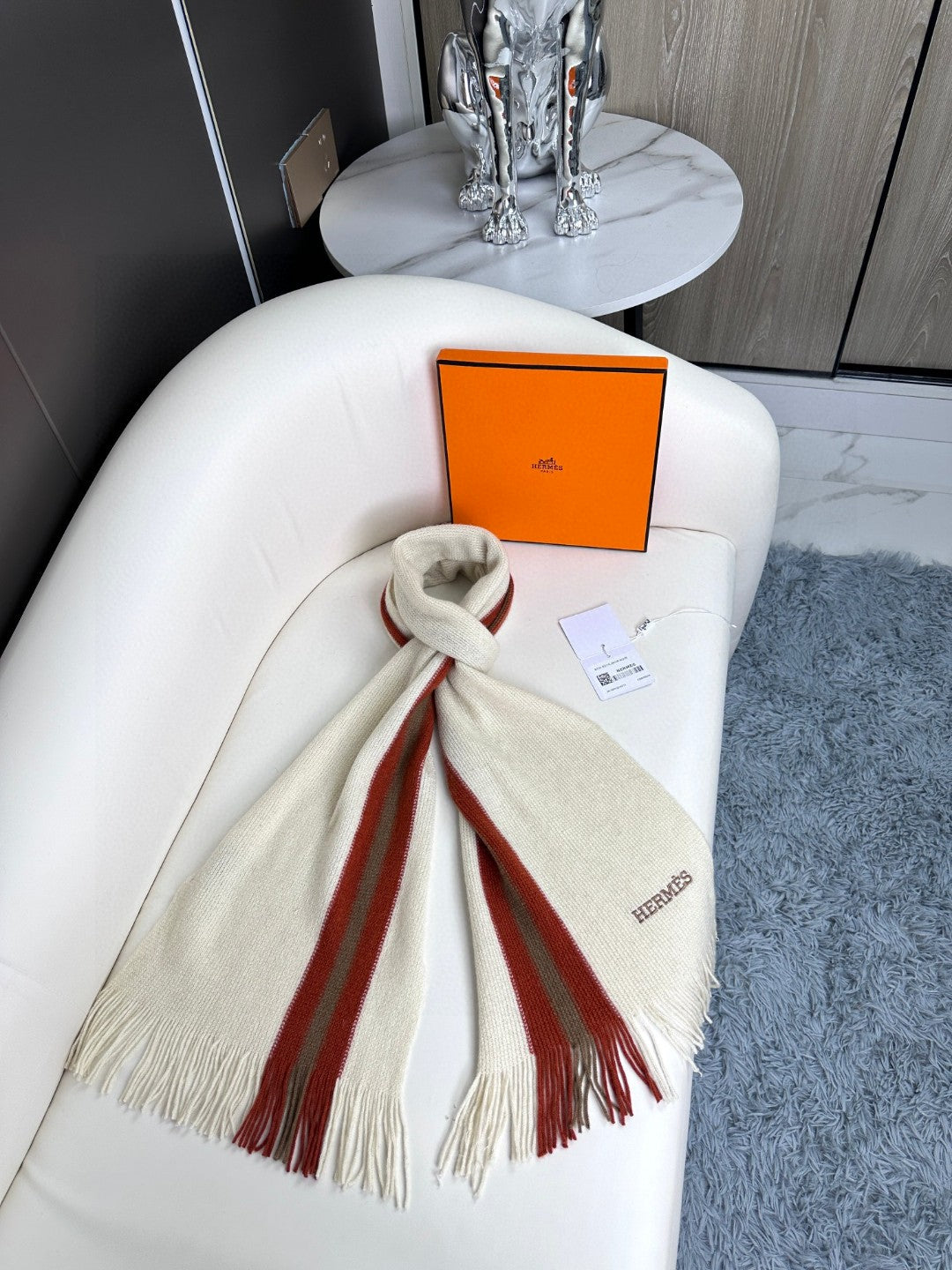 Scarf 180 CM In White Mix Red Khaki Green Cashmere  401086