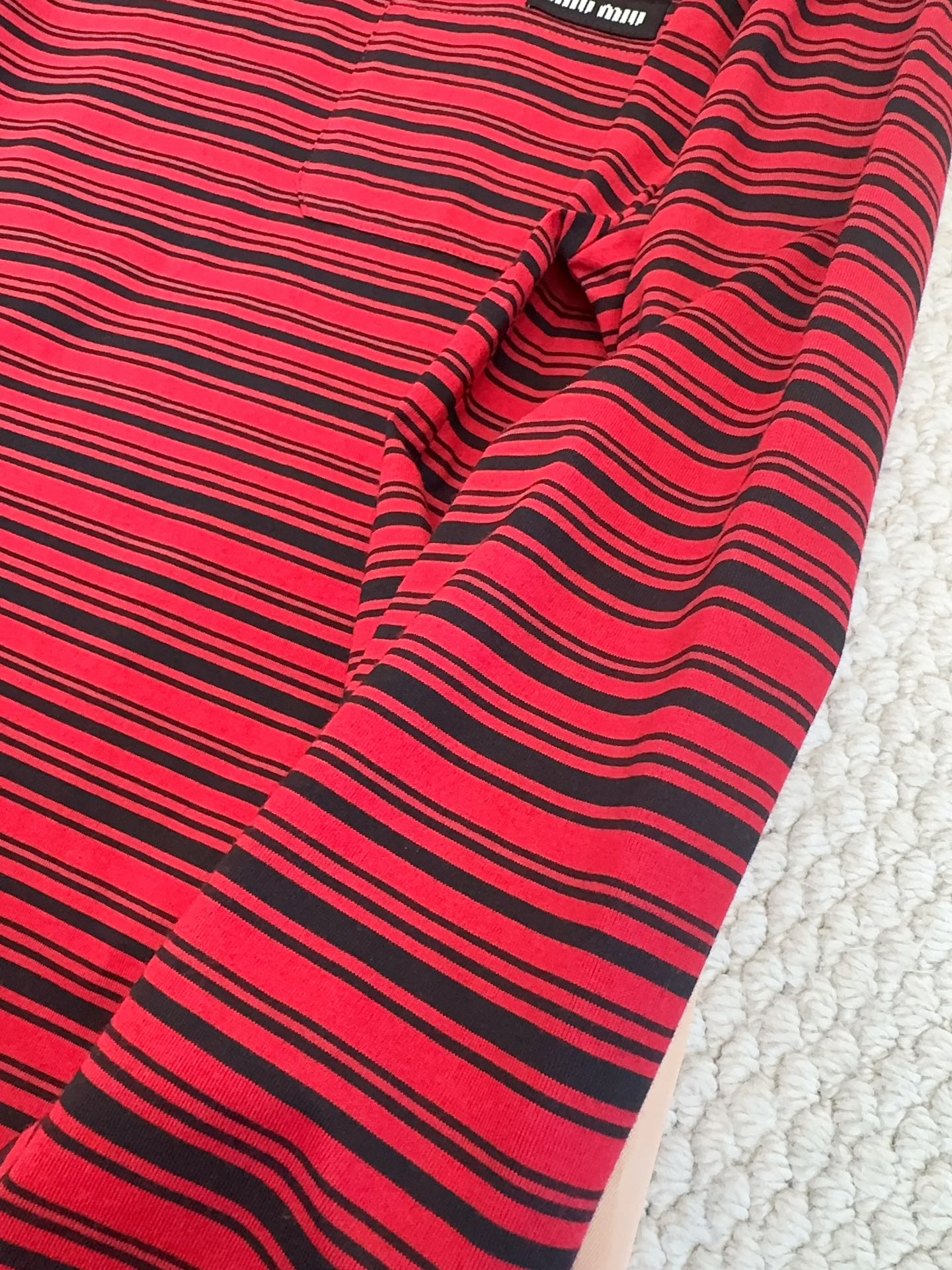 Miumiu 2025 Striped Long-sleeved T-shirt Red Cotton
