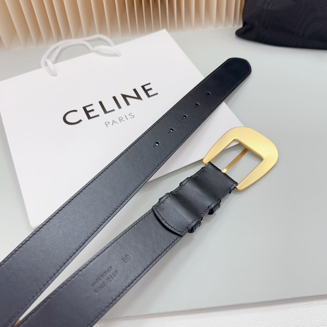 LARGE WESTERN 35 MM BELT BLACK CALFSKIN GOLD HARDWARE