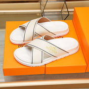 HM Men's Cross Strap Slide Beige Cowhide 544097