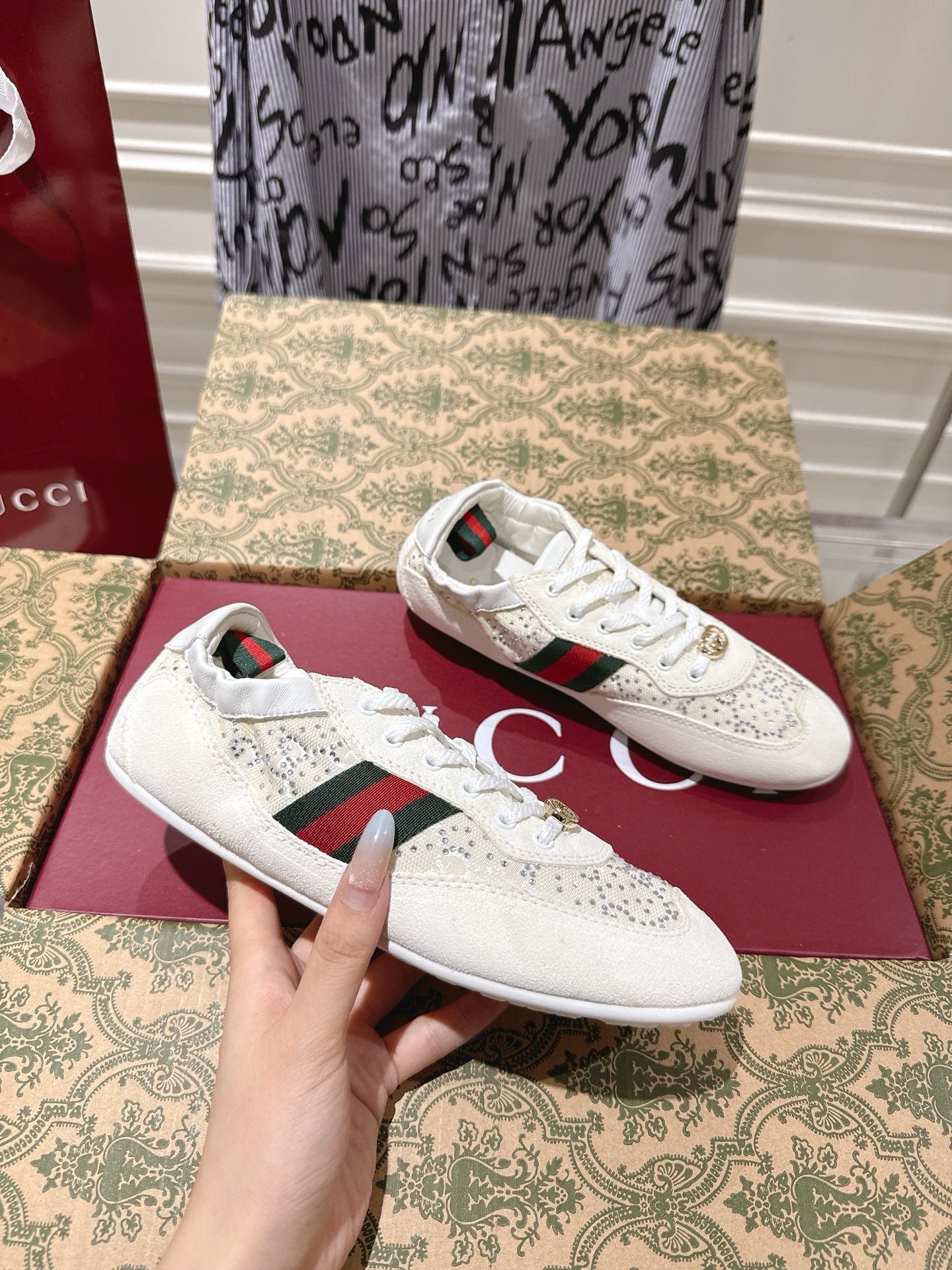 Gucci 2025 Shift GG Crystal Sneaker Off-white Suede Fabric