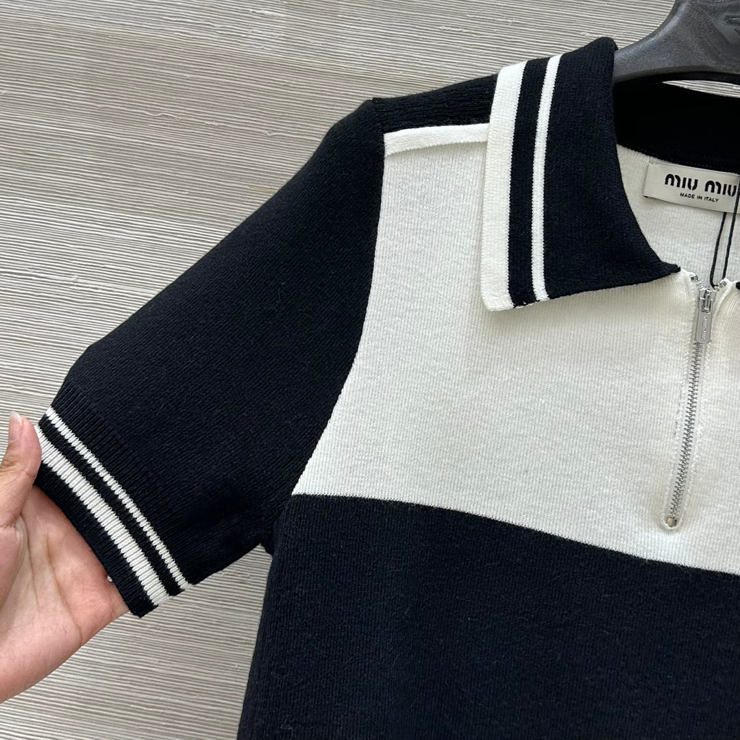Miu Miu 25 Polo Collar Short-sleeved Top Black White  Tencel