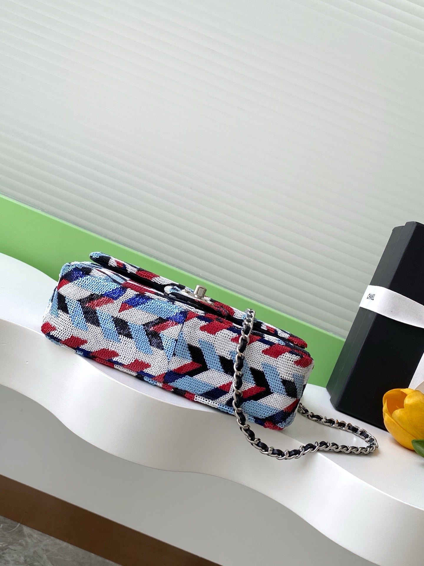 cc 25S Flap Bag 21cm Multicolor Chevron Sequin