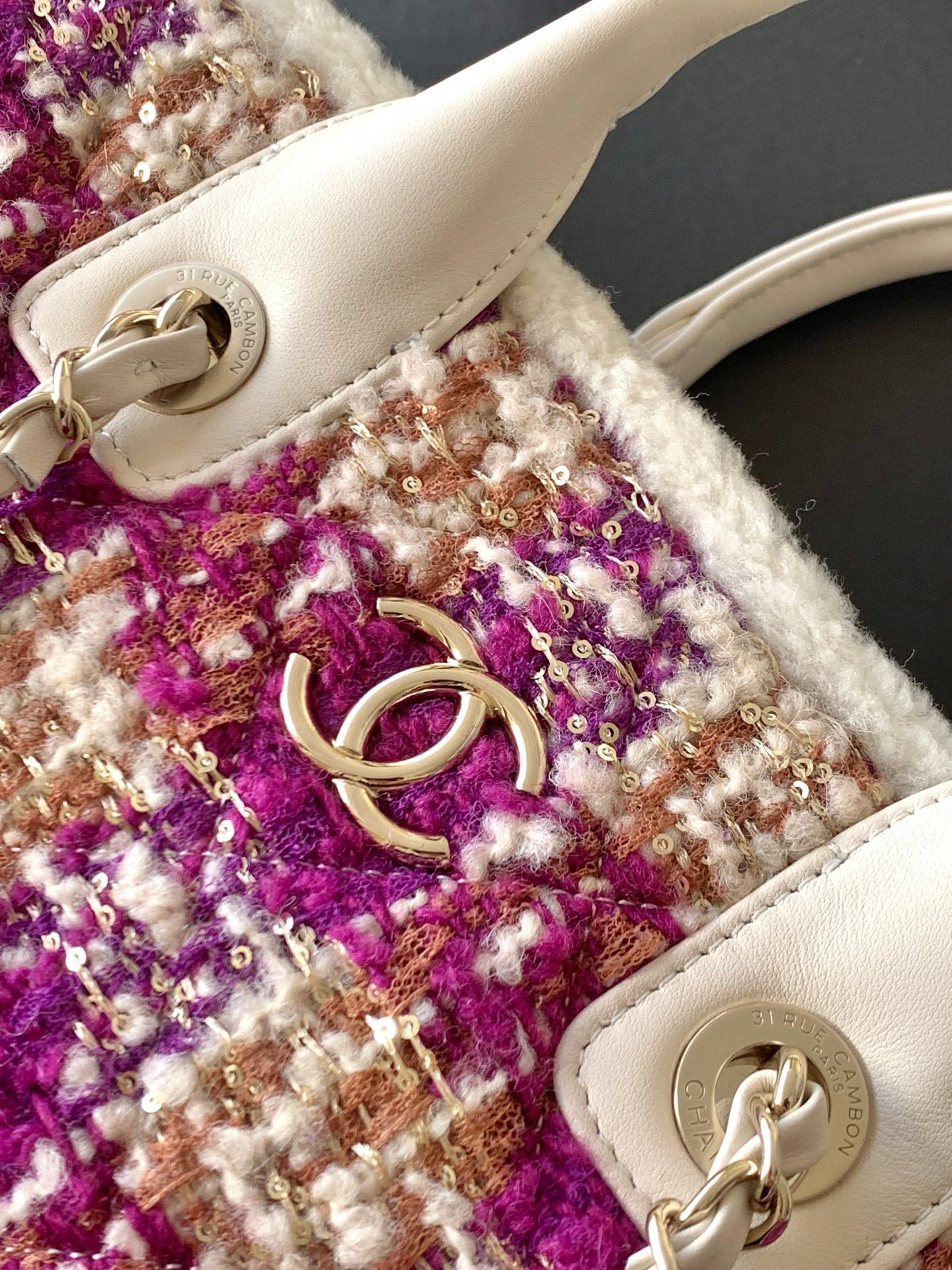 CC 2025 Bag Pink White Tweed Fabric Leather