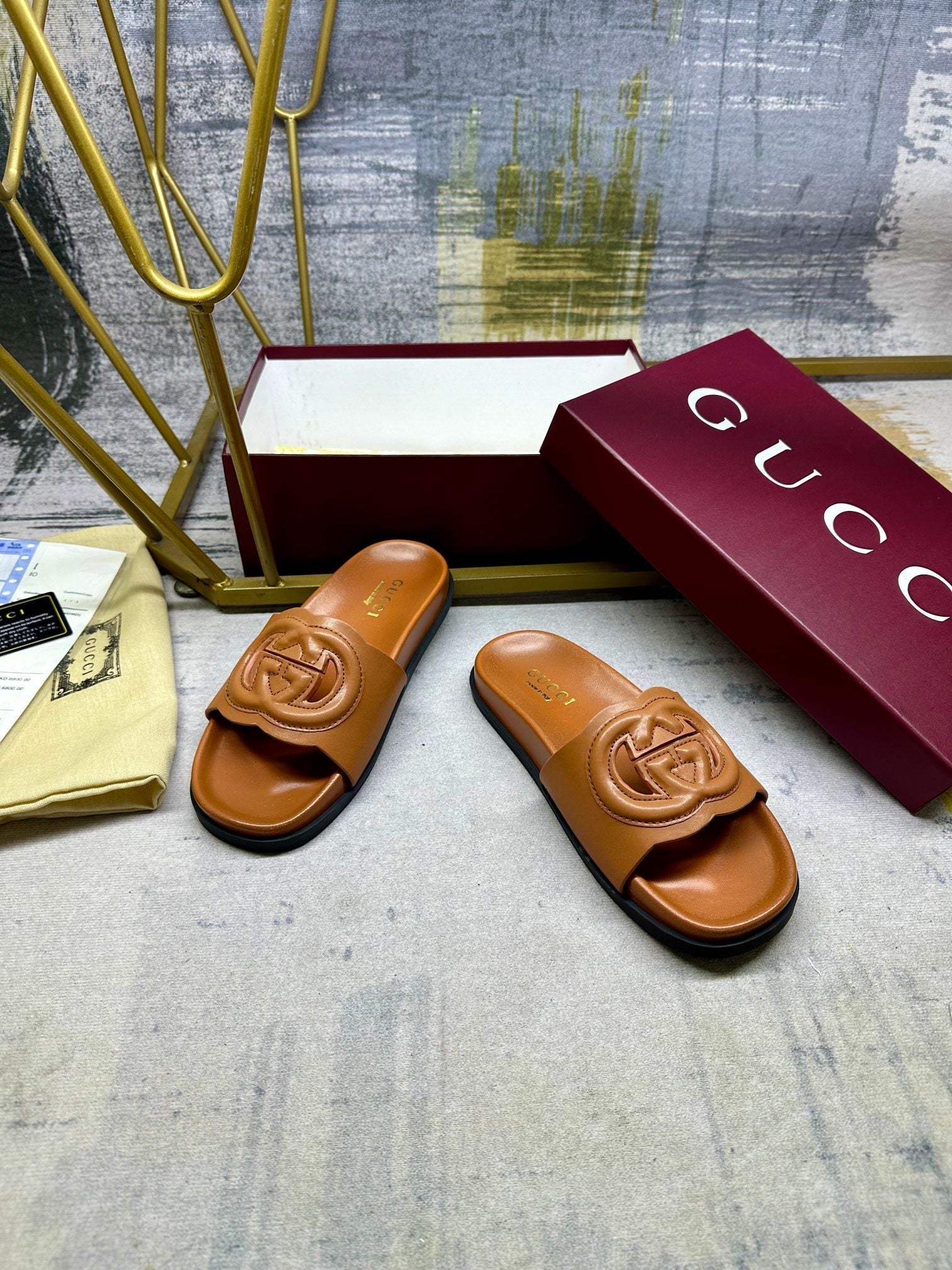 GG Slippers Caramel Brown Leather 235099